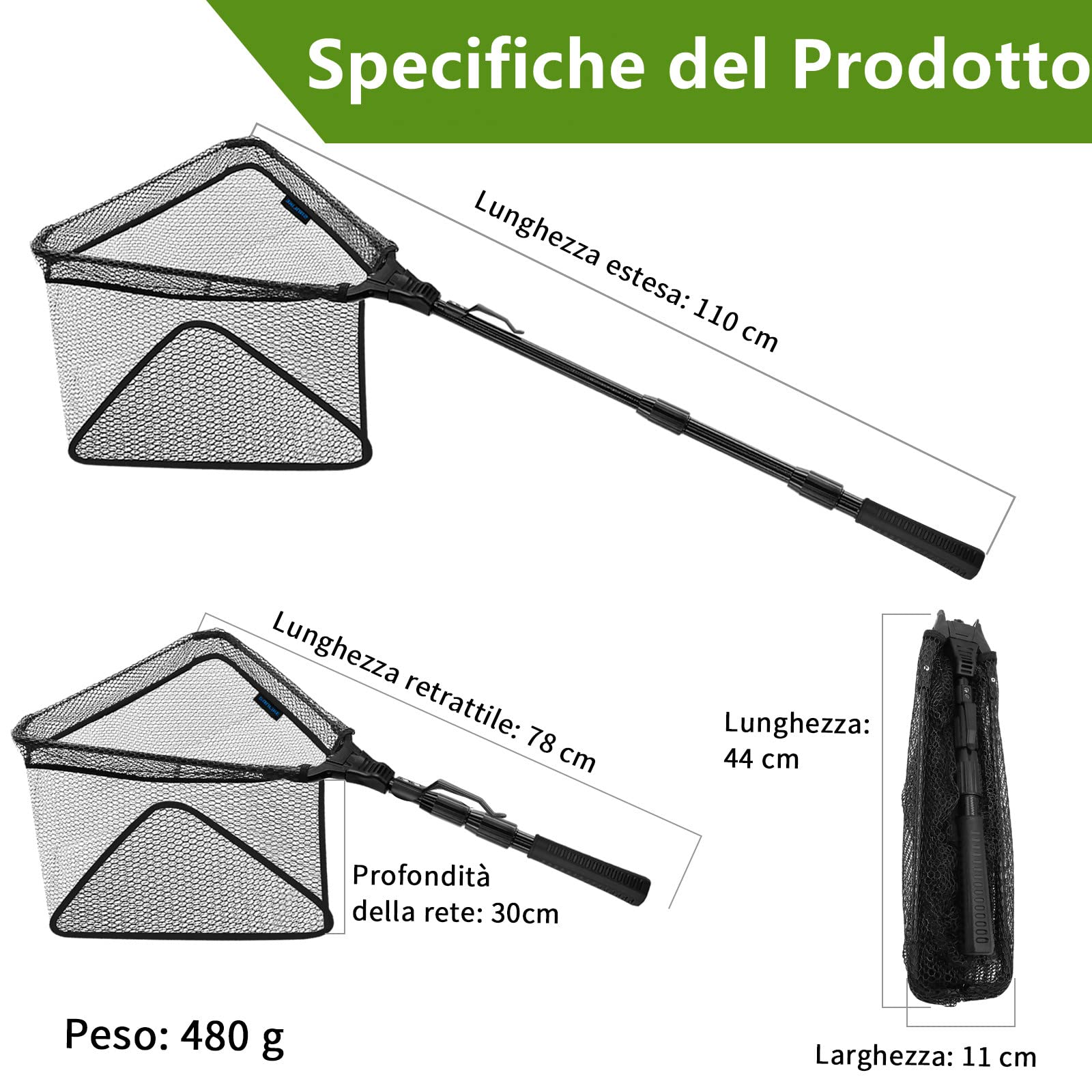 KOMCLUB Retino da Pesca Pieghevole Guadino Gommato Guadino Pesca Telescopico Triangolo Rete Pesca con Manico Antiscivolo in Gomma