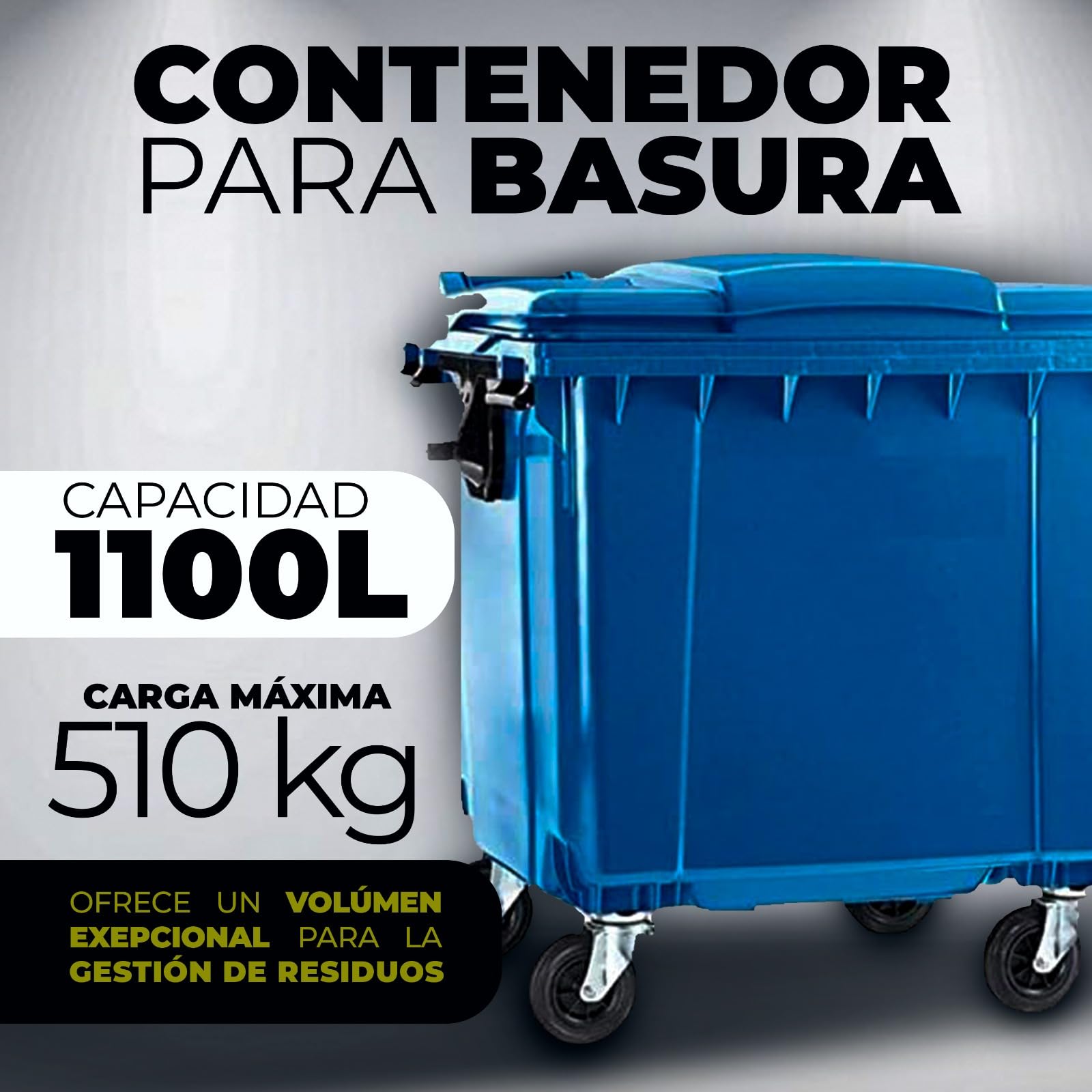 SSI Contenedor de Basura 1100L con Tapa Plana - Diseño Robusto Azul, Ruedas con Freno, Desagüe Inferior, Cumple Normativa EN-840, Ideal para Grandes Volúmenes de Residuos y Reciclaje en Exteriores