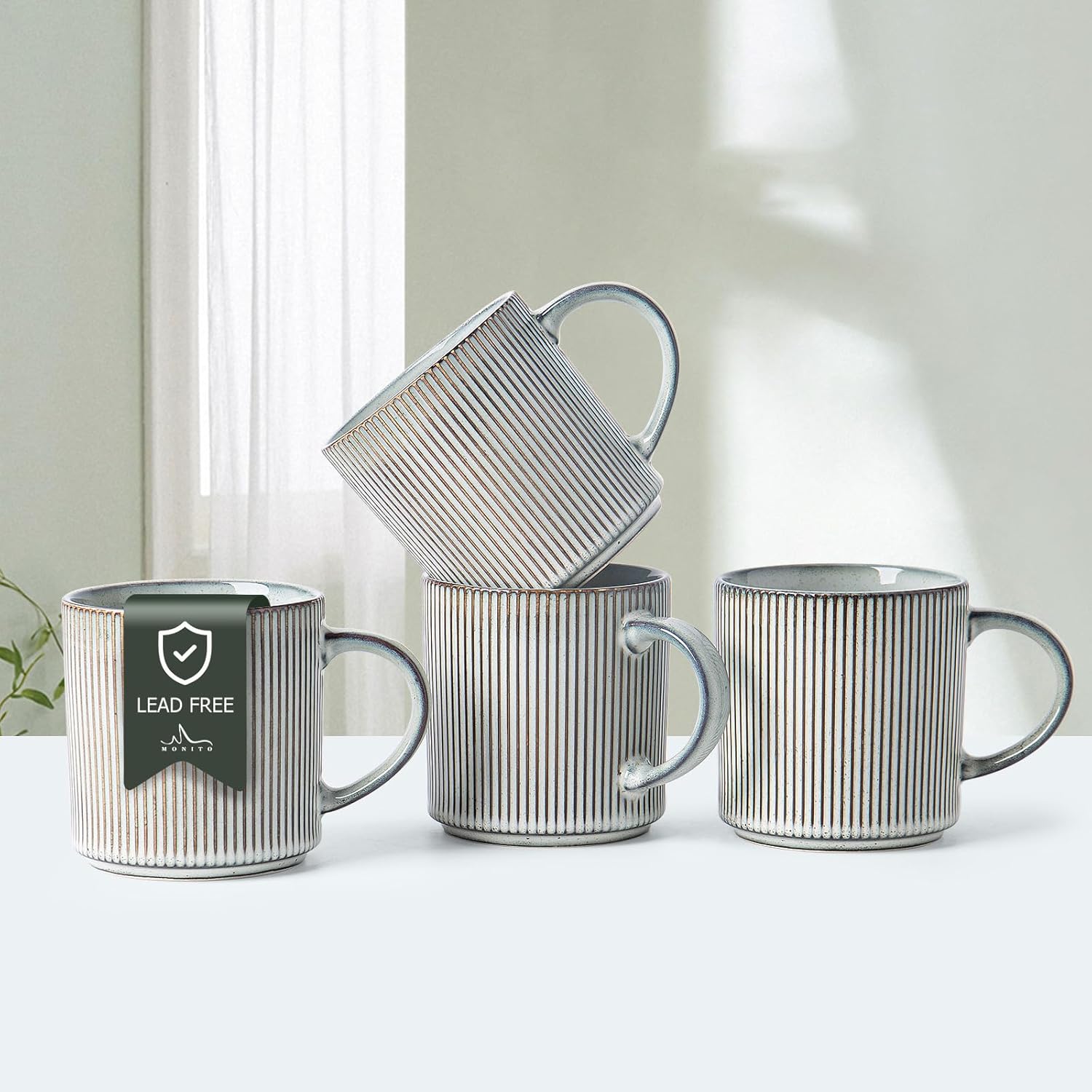 MONITO 16Oz Coffee Mugs Set of 4, Rustic Ceramic Coffee Cups Set with Large Handle, Vintage Striped Stoneware Coffee Mugs for Latte, Cocoa, Tea, Milk, Microwave & Dishwasher Safe, Smoky Blue Smoky Blue 4PCS