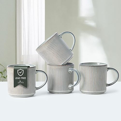 MONITO Juego de 4 tazas de café de 16 onzas, tazas de café rústicas de cerámica con asa grande, tazas de café de gres vintage a rayas para leche,