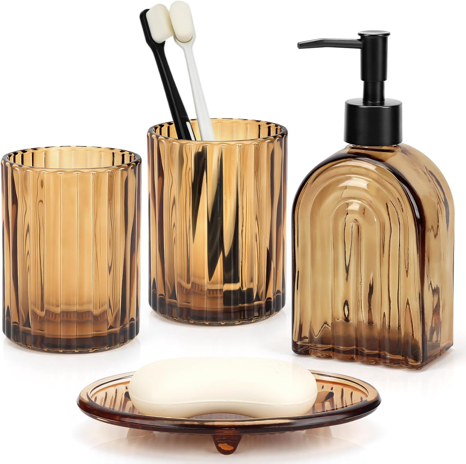 4Pcs Glass Bathroom Accessories Set,Amber Bathroom Accessory Set,Bathroom Counter Sink Toothbrush Holder Set Includes Hand/Lotion Soap Dispenser & Tumbler & Soap Dish