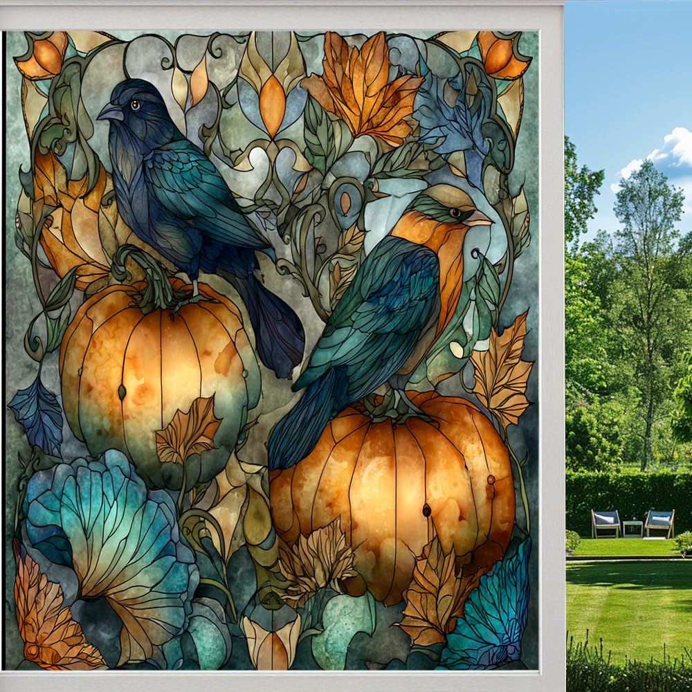 Autumn Harvest Bird Frosted Window Film, Colorful Leaves Pumpkins Stained Glass Privacy Film, Heat Insulation Self-Adhesive Vinyl for Bathroom Office,（50x90cm）