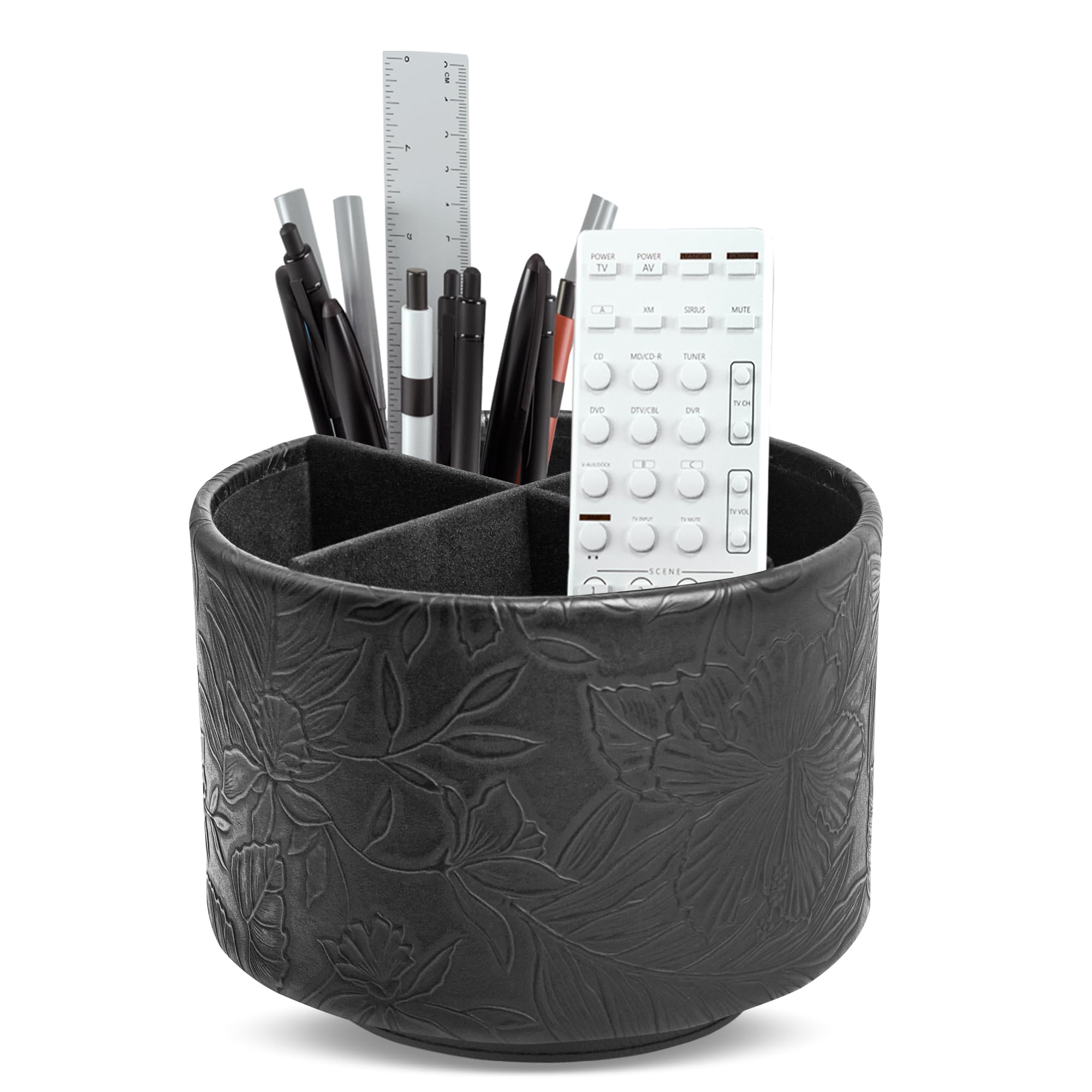 Czzmy Round Leather Art Supply Organizer,Remote Control Holder,360 Degree Spinning,Multi-Functional Pencil Holder,4 Compartments Desktop Stationary Organizer(1-Carved Black)