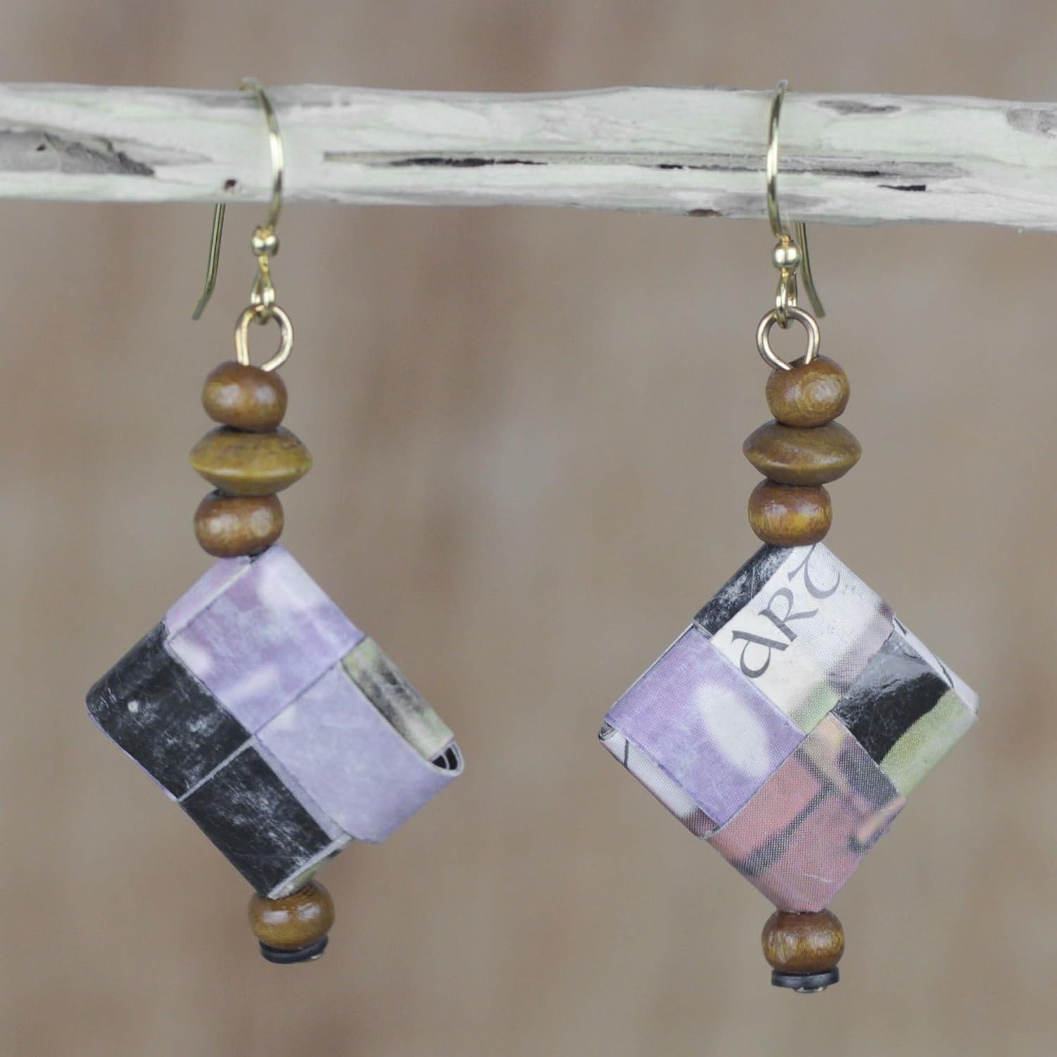 NOVICA Artisan Recycled Paper and Wood Dangle Earrings Artisan Crafted from Ghana Plastic No Stone Eco Friendly [2 in L x 1.2 in W] ' Goodnatured'