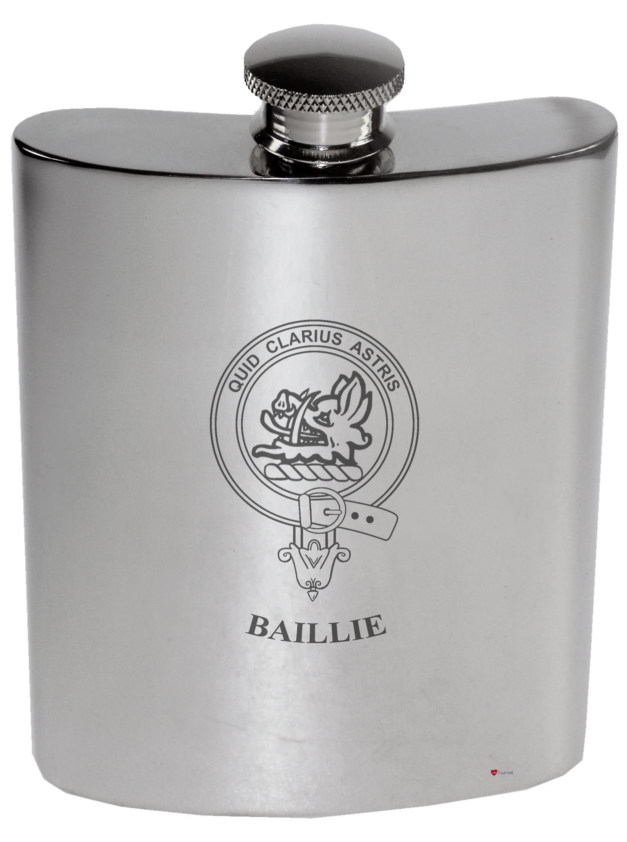 Flacon de rein Baillie en étain poli 6 oz, fiole de hanche héraldique
