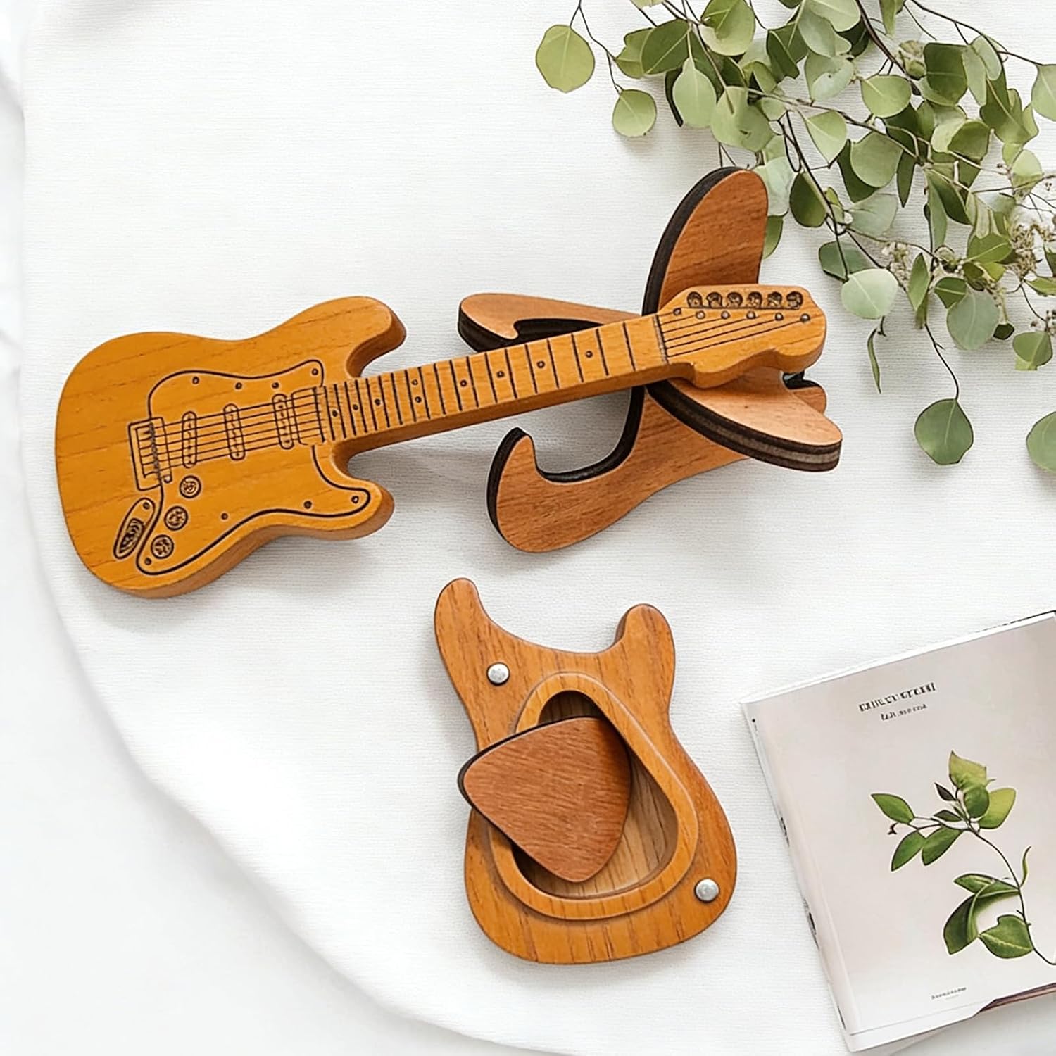 Wooden Guitar Pick Box with 6 Pcs Guitar Picks，Mini Storage Box for Guitarists,Musician Engraved Wooden Plectrum Case,Acoustic Guitar Box for Electric Bass Guitar Ukulele Lover.(Guitar-B) image 4