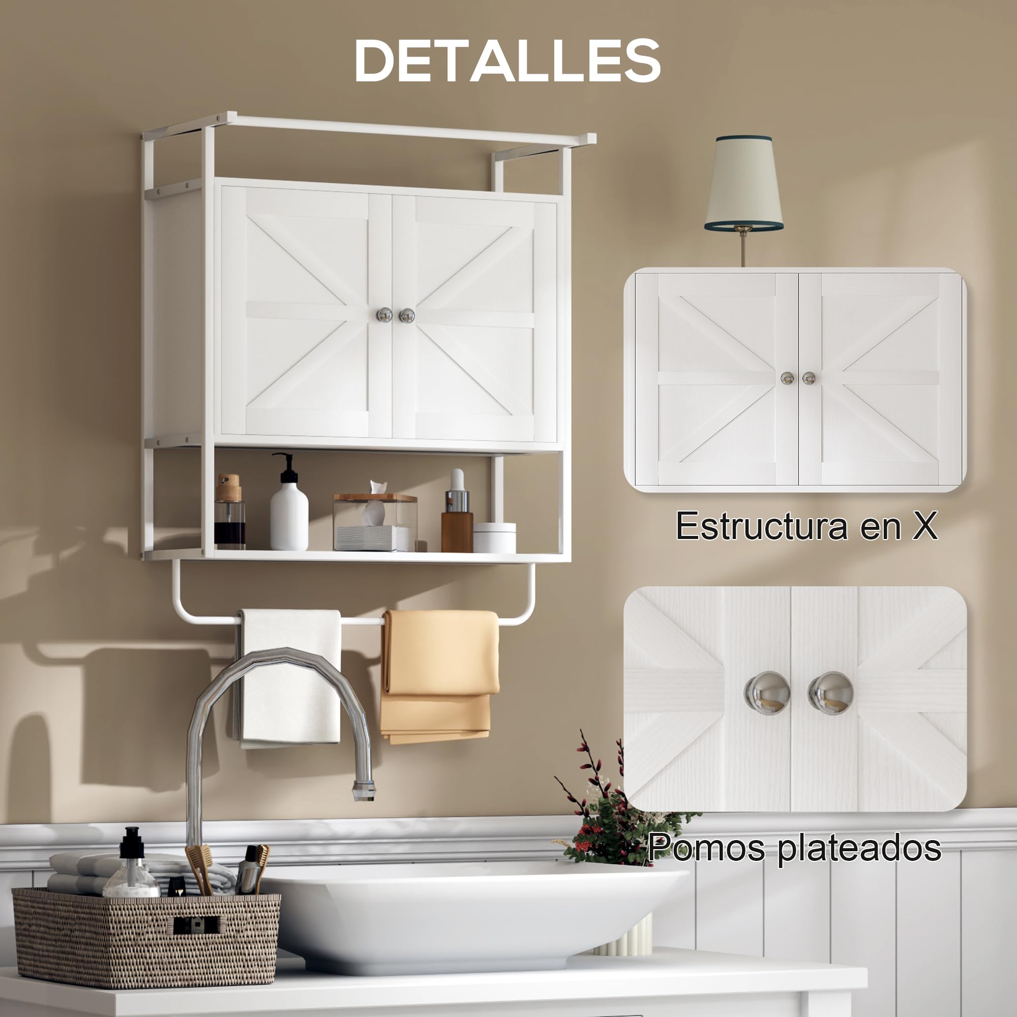 HOMCOM Armario de Pared para Baño Multiusos Armario Colgante de Almacenamiento Mueble de Baño Suspendido con Estante Toallero 2 Puertas 63x34x75 cm Blanco