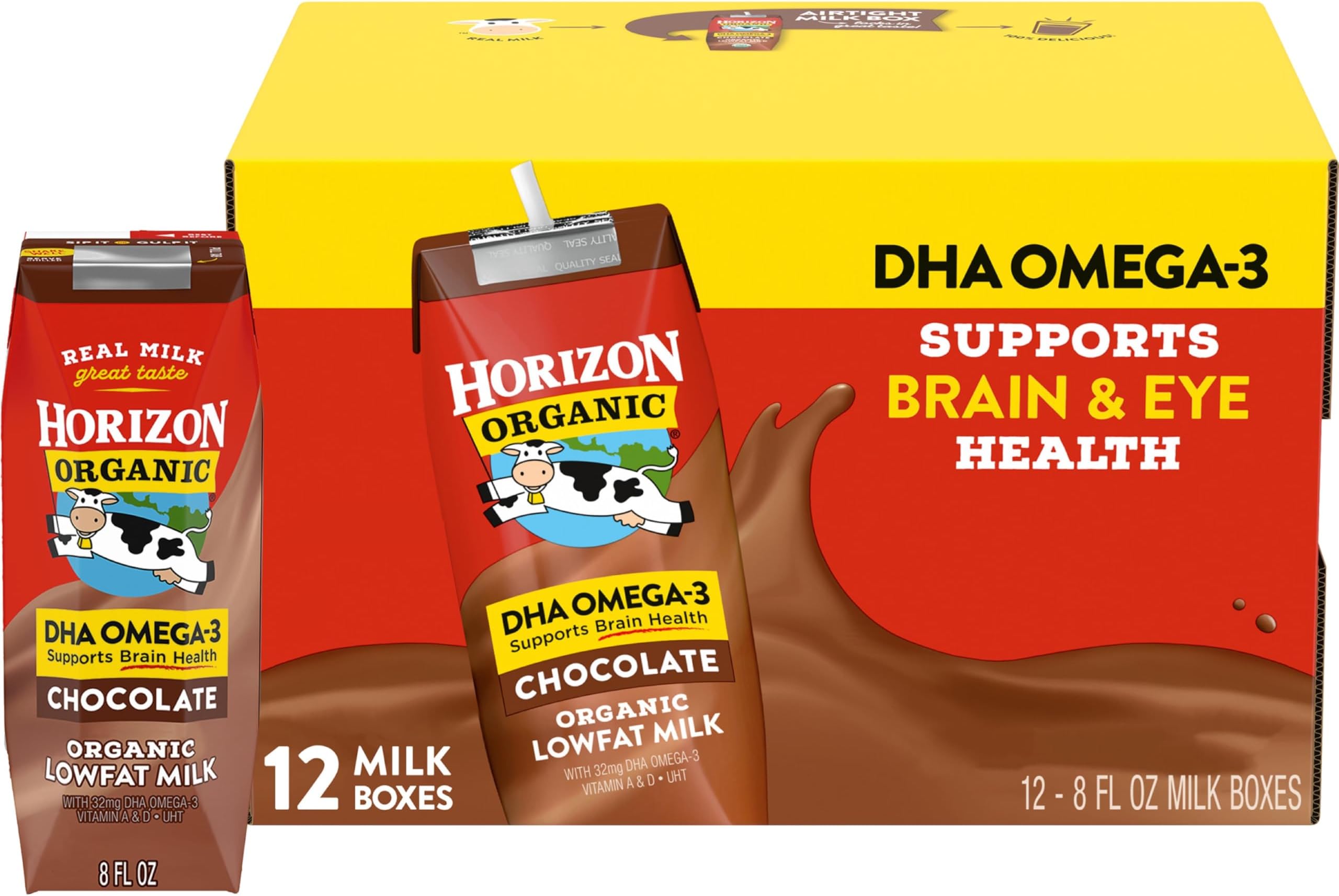 Horizon Organic Shelf Stable 1% Lowfat DHA Omega-3 Chocolate Milk Boxes, Pack of 12 - 8g Protein per Serving