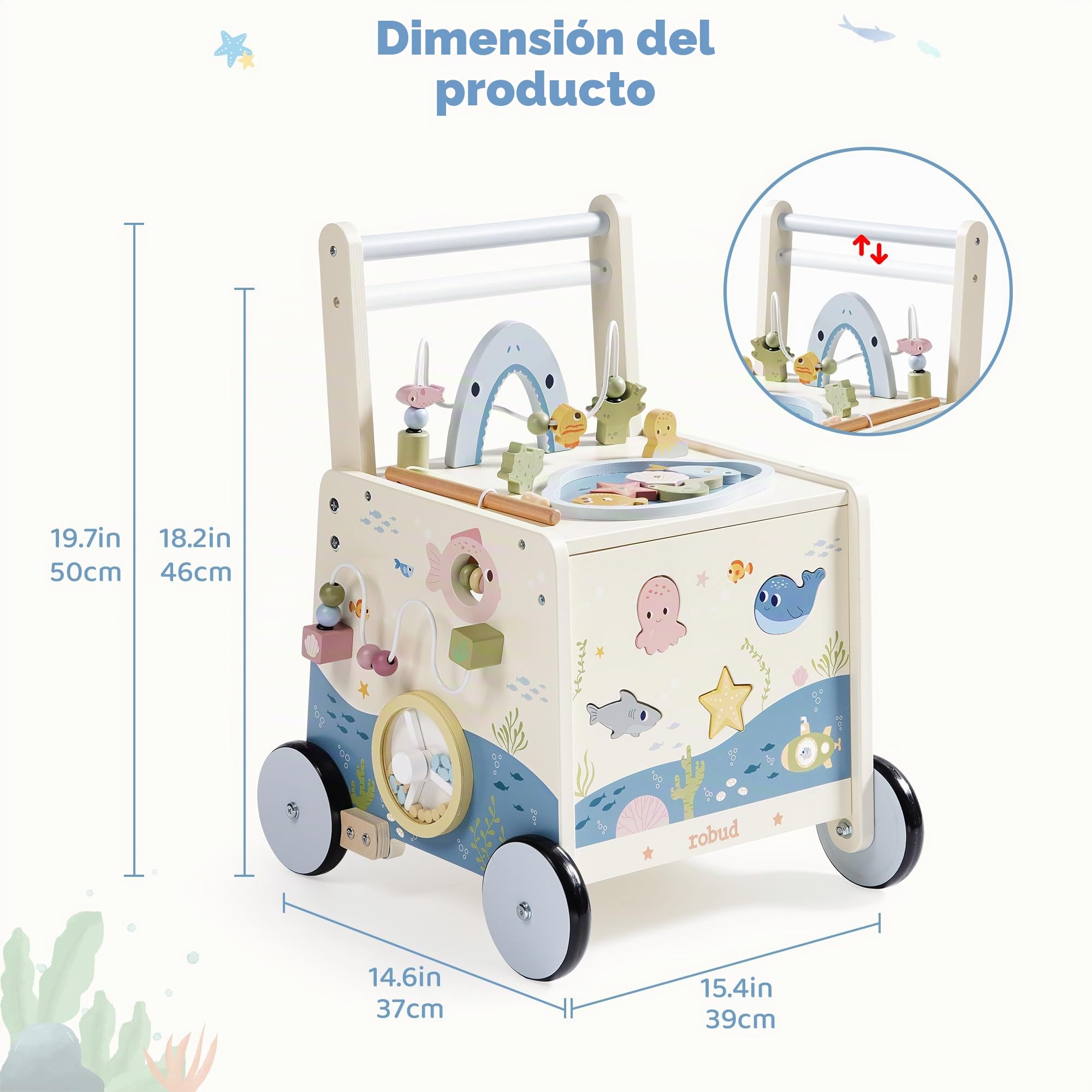 ROBUD Ayuda para caminar de madera, juguete deslizante para niños pequeños con regulación de altura y velocidad, centro de actividades, ayuda para caminar bajo el agua para niños pequeños de 10 a 36