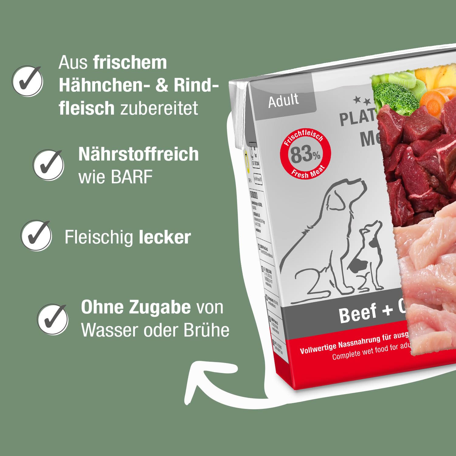 PLATINUM - Hundenahrung Menu Adult Beef+Chicken aus Fleischsaftgarung - 12 x 375 g Hundenassfutter nährstoffreich wie Barf - besonders saftig für kleine und große Hunde - BPA-frei, in DE geprüft