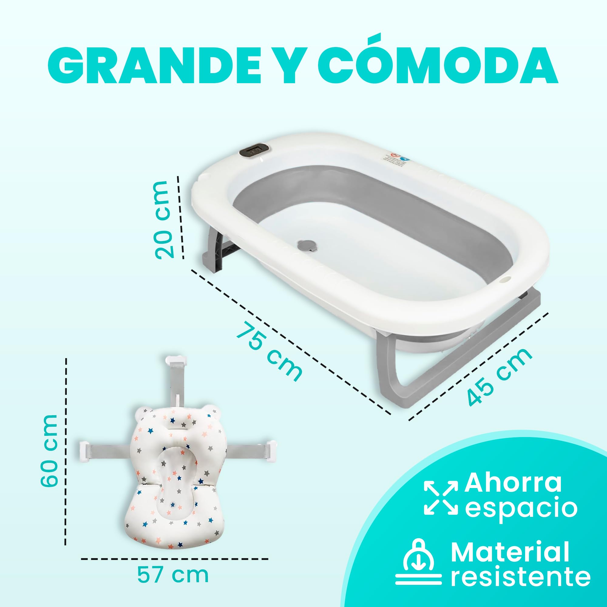 JUPPLIES Bañera Bebé Plegable con Cojín Ergonómico, Termómetro Digital y Patas Antideslizantes | Portátil, Compacta y Segura para Recién Nacido (Gris SIN estructura metálica) — view 2