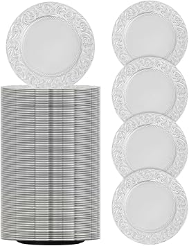 150 Pcs Charger Plates 13 Inch Silver Plastic Dinner Plate Chargers Bulk with Floral Reef Design for Wedding Party Event Table Setting Decoration