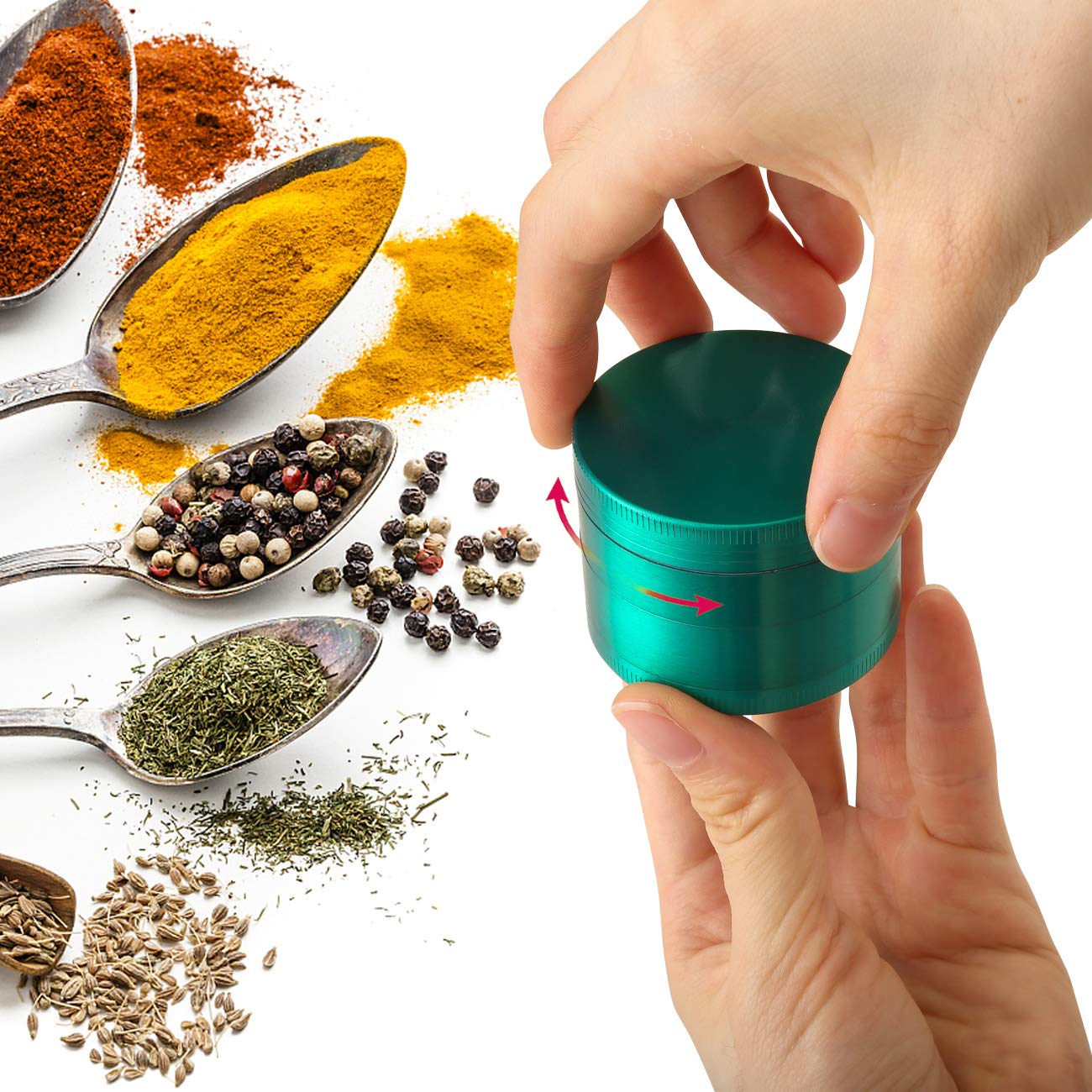 LIHAO Grinder Crusher 4-Teiliges Set Mühle Zinklegierung mit Pollen Scraper für Spice Kräuter Gewürze Herb (Mini 5 x 3,5 cm, Grün)