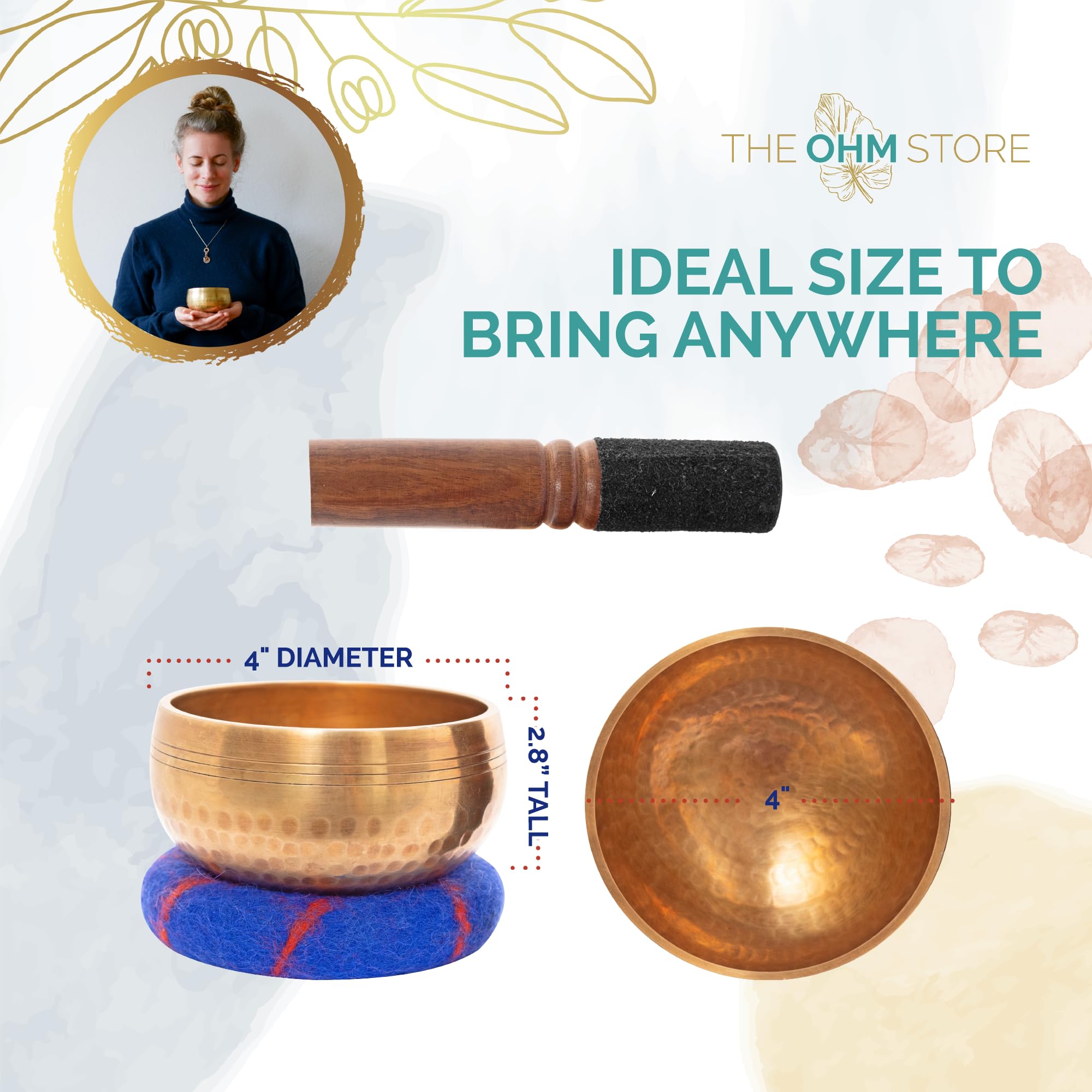 Ohm Store Set di campane tibetane da 10,2 cm, per meditazione, realizzate a mano in Nepal per yoga, guarigione dei chakra, consapevolezza e sollievo dallo stress
