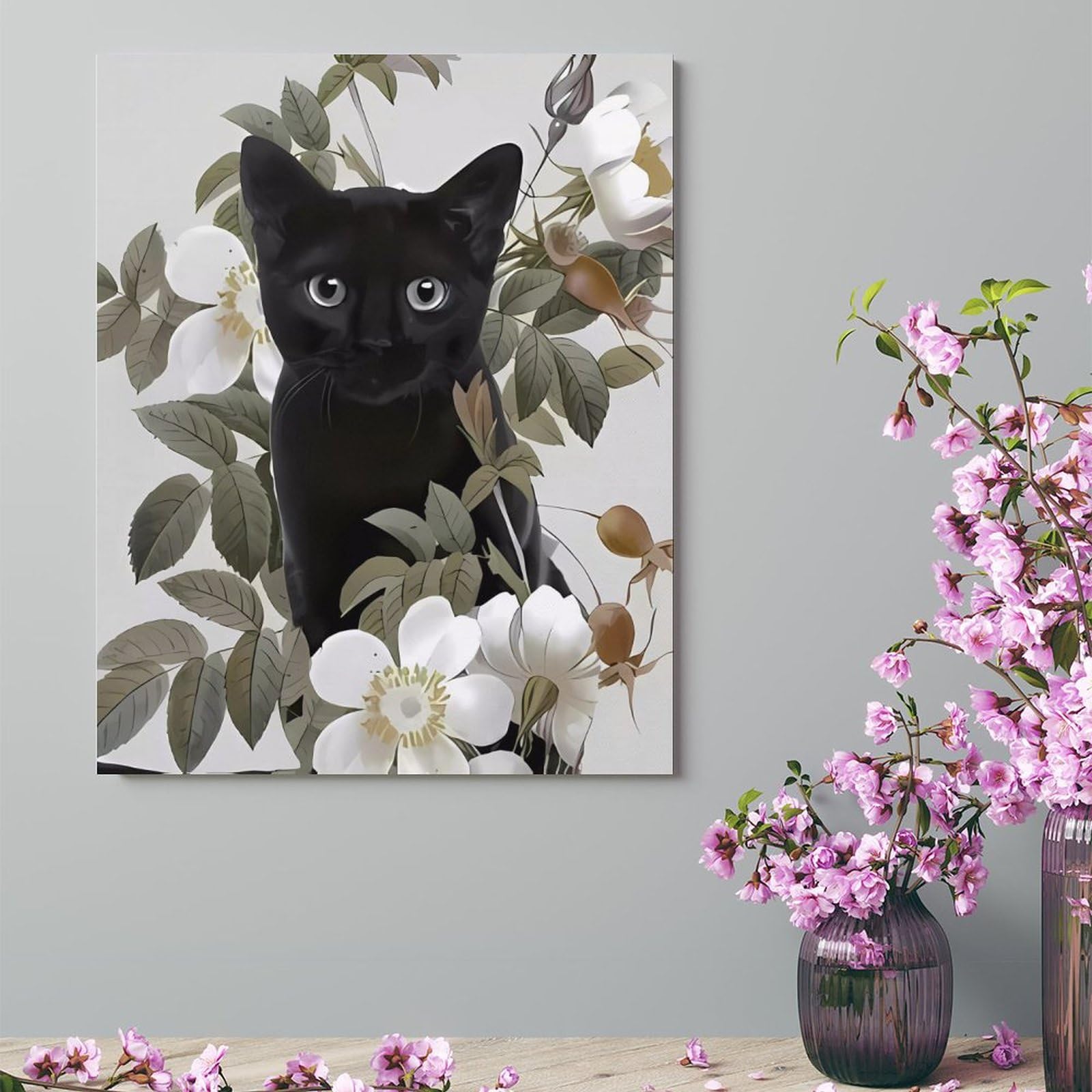 Amazon.co.jp: 花 黒猫 ネコ柄 猫柄 キャンバス絵画 アートパネル