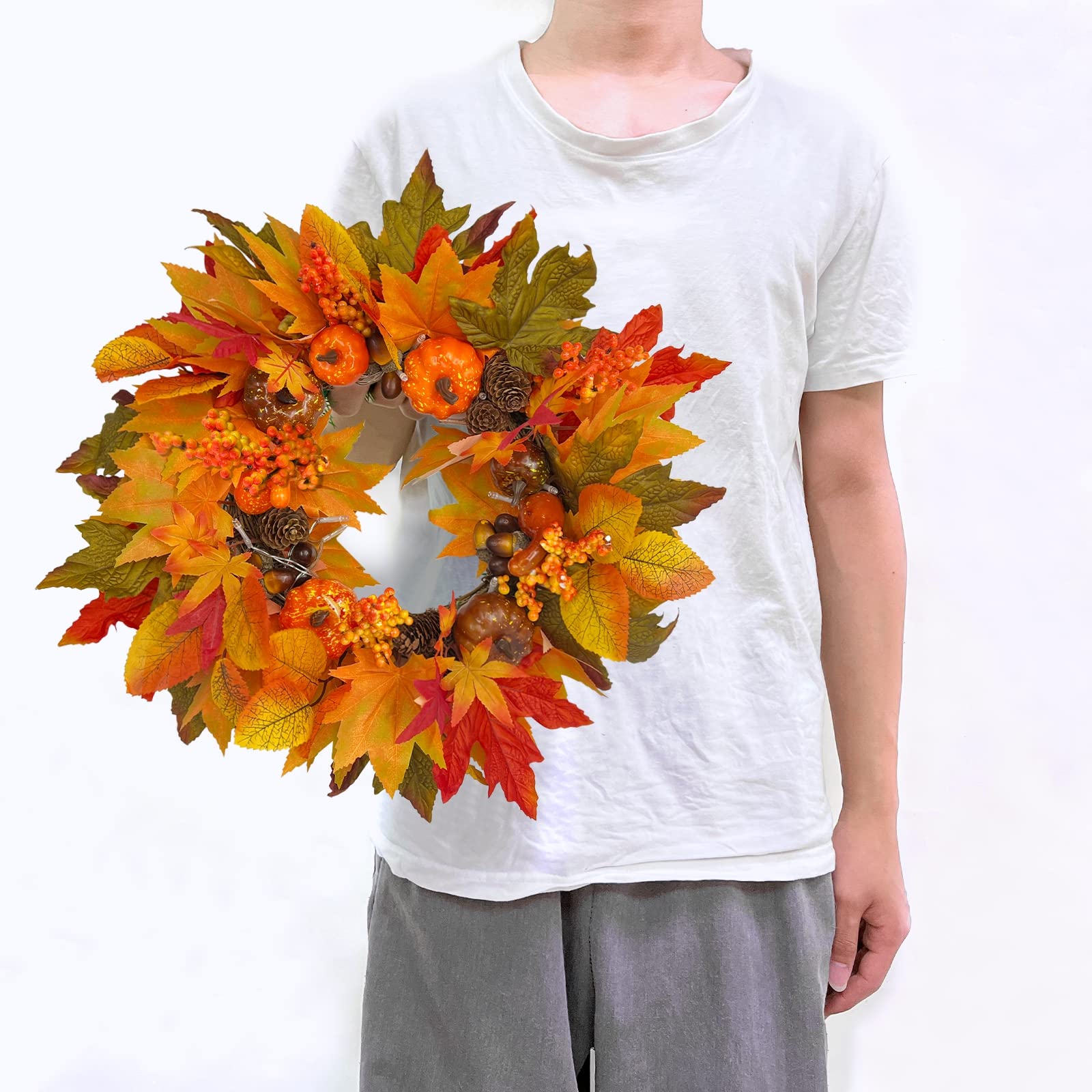 [Timer & Thick ] 18 Inch Prelit Thanksgiving Decor Wreath 20 LED Lights Fall Decorations Front Door 72 Maple Leaves Pumpkin Wreath Pinecone Berry Battery Operate Fall Wreath Harvest Decor Home Outdoor