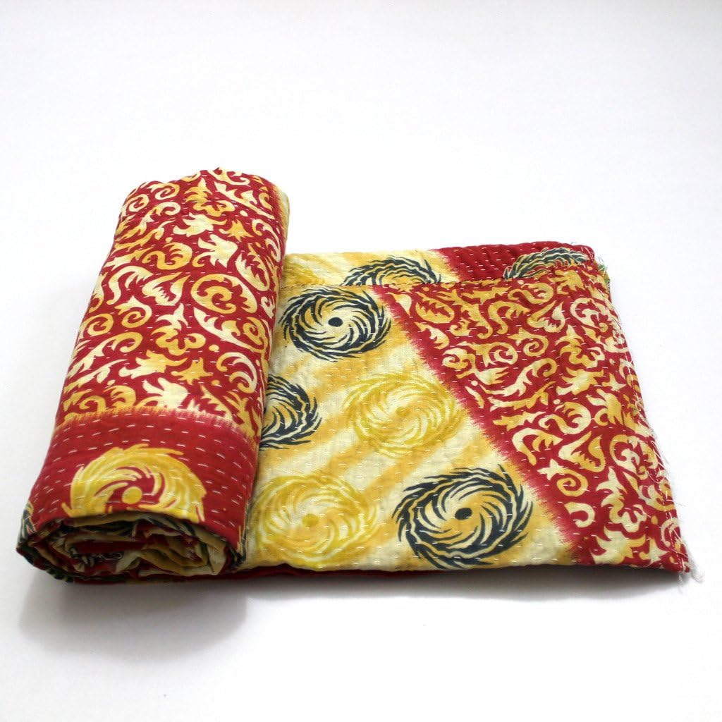 Vintage Throw Kantha Quilt Indian Handmade Bohemian Bedspread Reversible Cotton Ethnic Sari Fabric Embroidered Bedding Blanket Gudari
