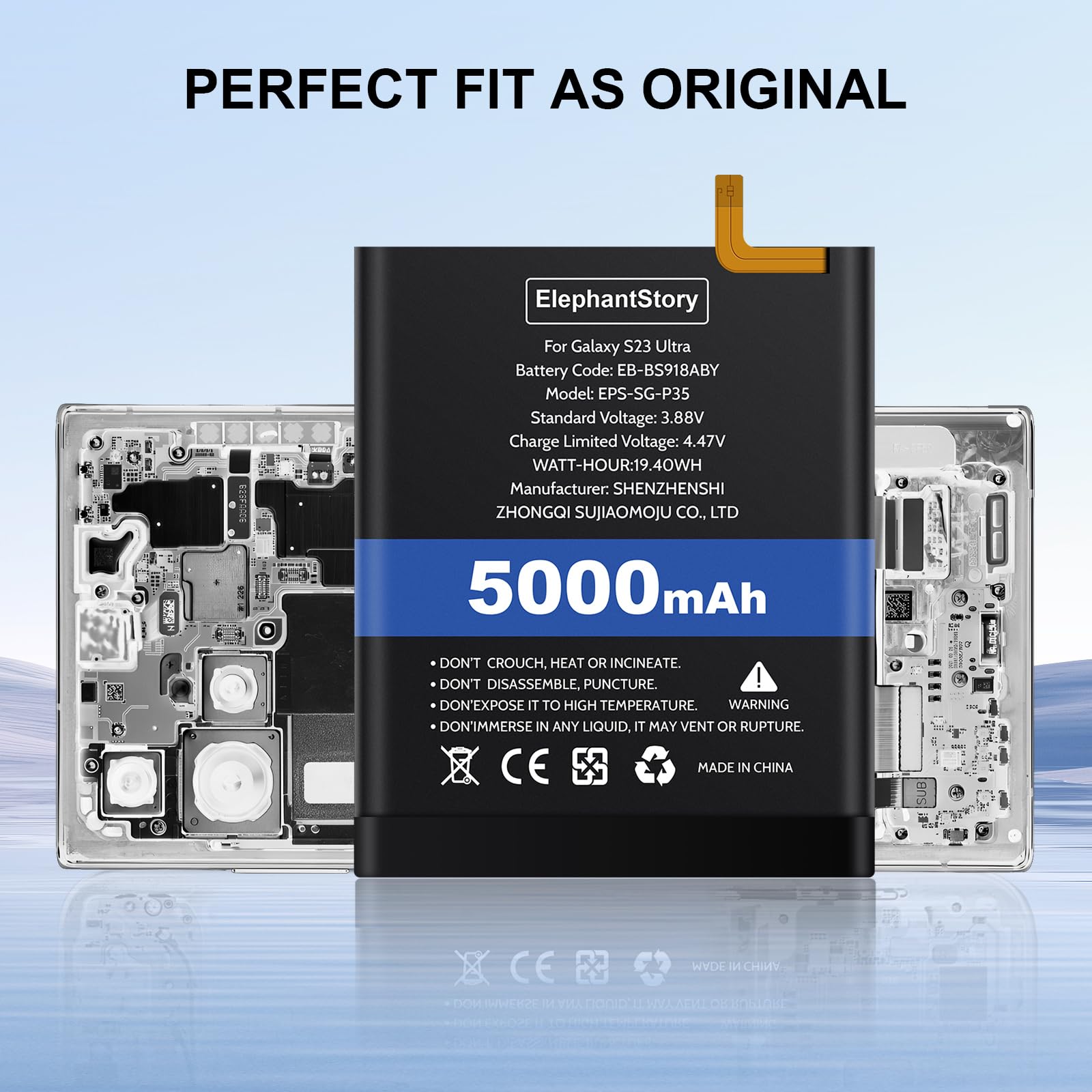 ElephantStory Batería para Samsung Galaxy S23 Ultra SM-S918B, 5000 mAh Código de Bateria EB-BS918ABY Batería de Polímero de Litio de Repuesto con Kit de Reparación