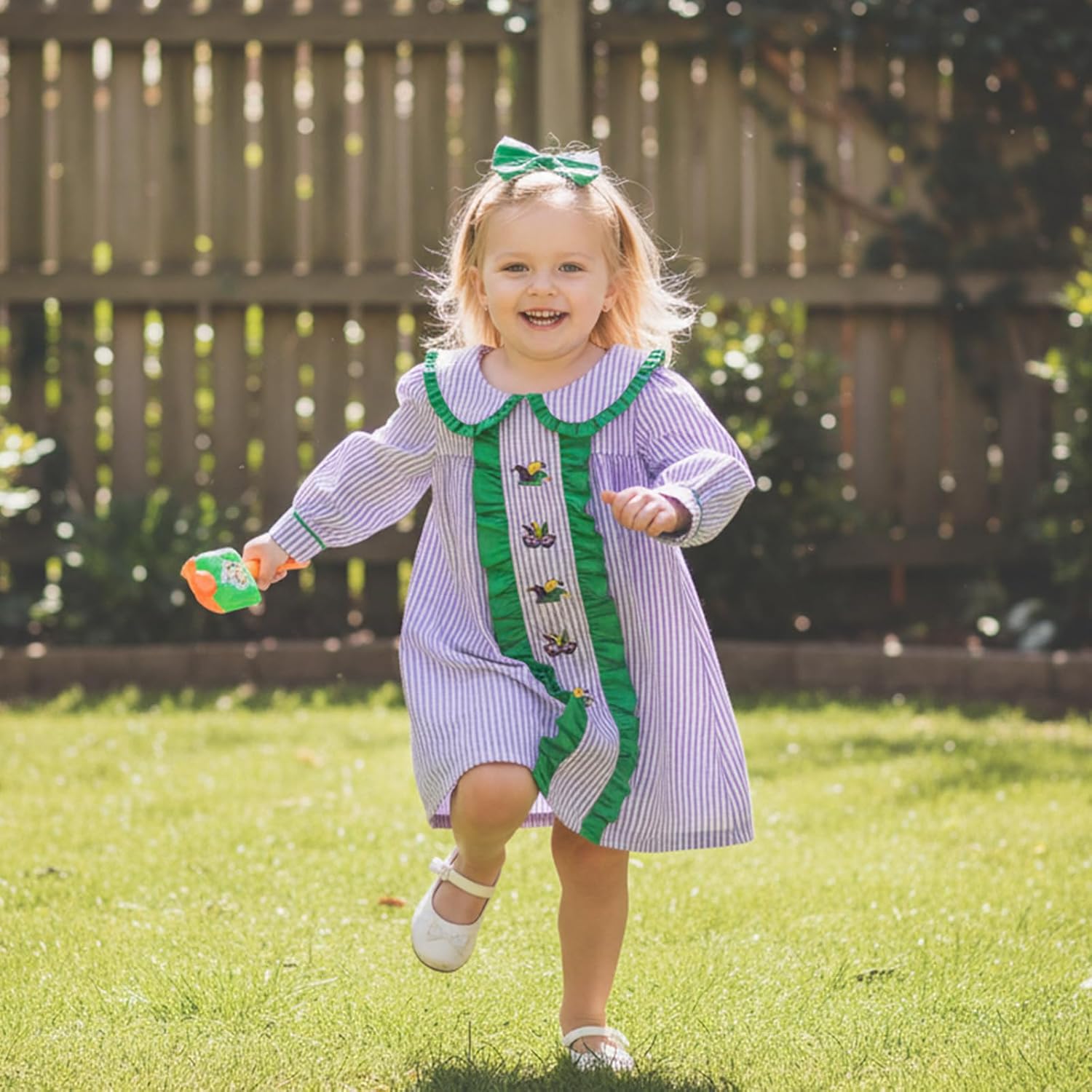 Toddler Baby Girl Mardi Gras Outfit Smocked Dress Stripe Ruffle Dresses Little Girls Carnival Clothes - Image 2
