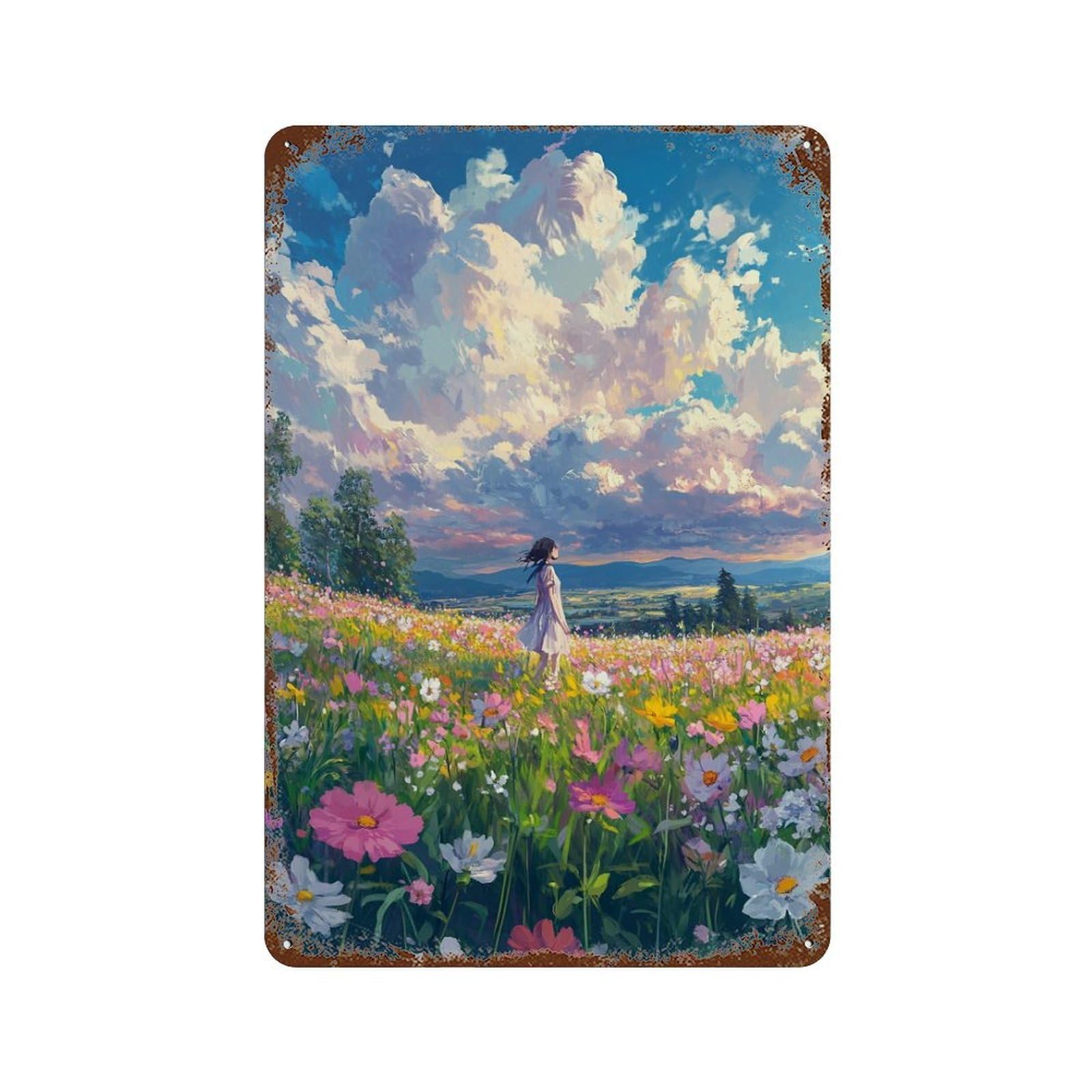 Flower Field Dreamscape 11.8"x7.9" Vintage Rust Metal Sign, Decorative Metal Wall Art for Bistro, Counter And Cafe Decor