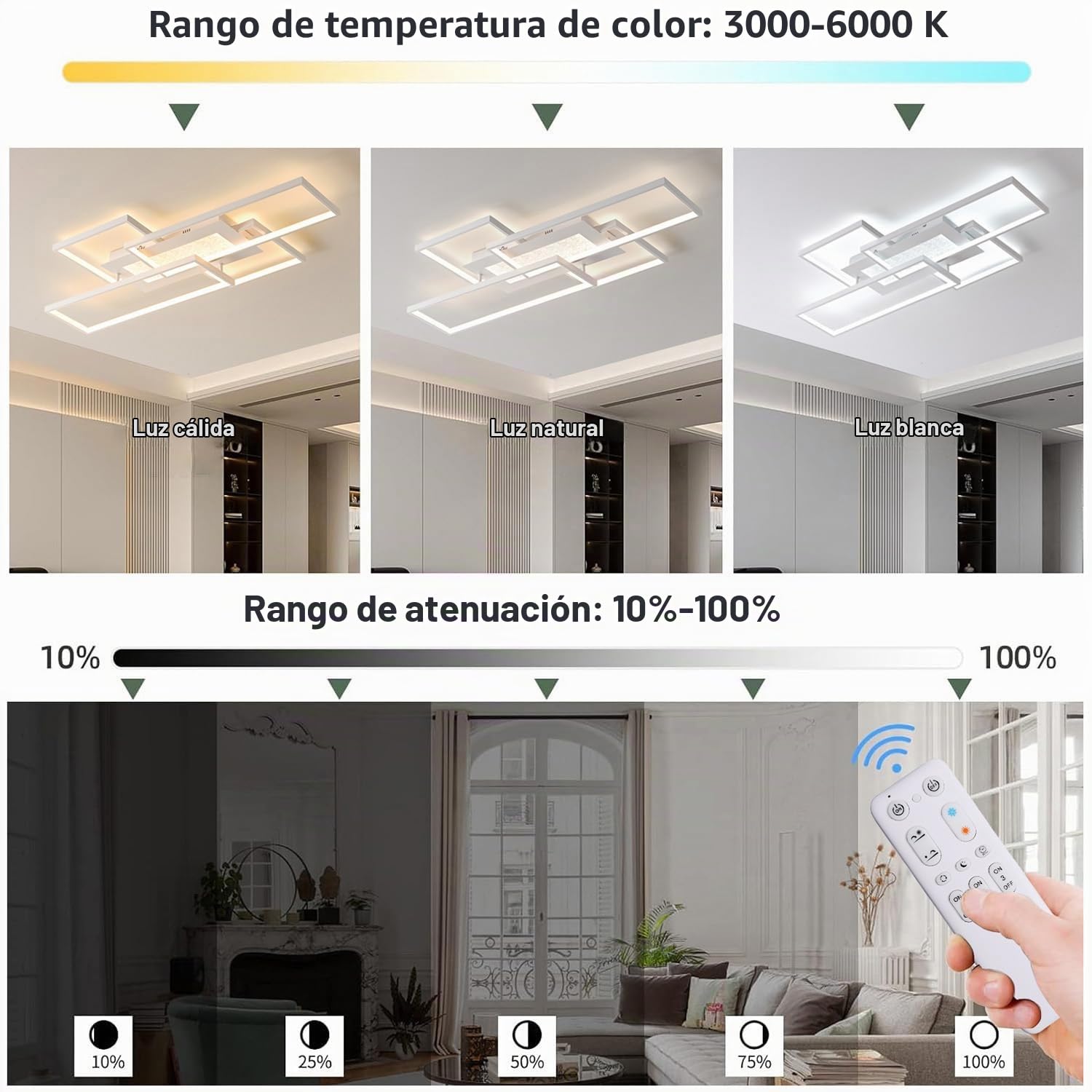 Plafon LED Techo Regulable Moderno 100CM, 72W Lámpara de Techo LED Salon con Mando a Distancia 3000K-6500K, Moderna Cuadrada Plafón Luz LED luz nocturna y función de memoria para Dormitorio,Cocina