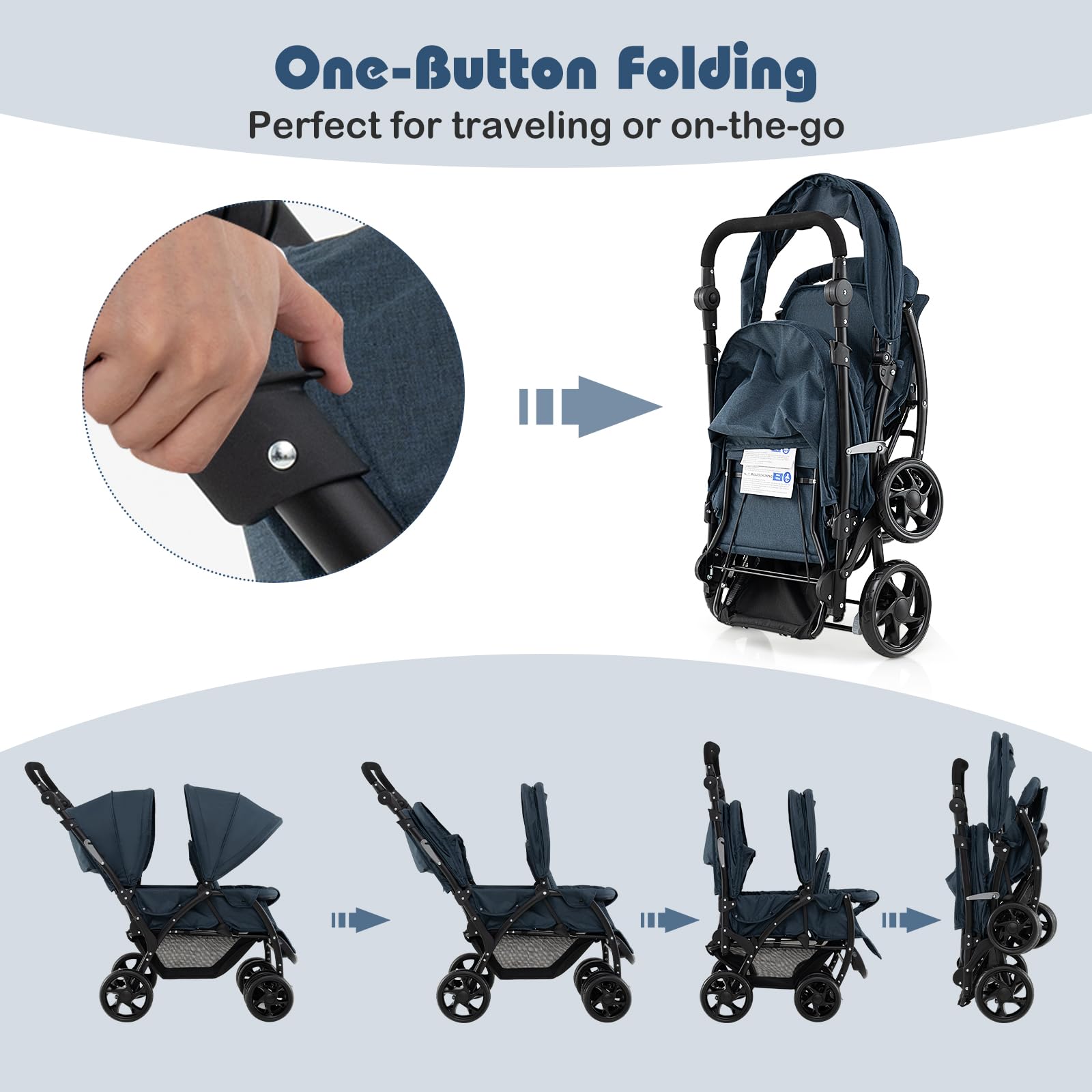 GYMAX Passeggino a doppio sedile con maniglia regolabile, baldacchino staccabile e poggiapiedi, passeggino pieghevole per viaggi, shopping e appendere fuori (blu navy)