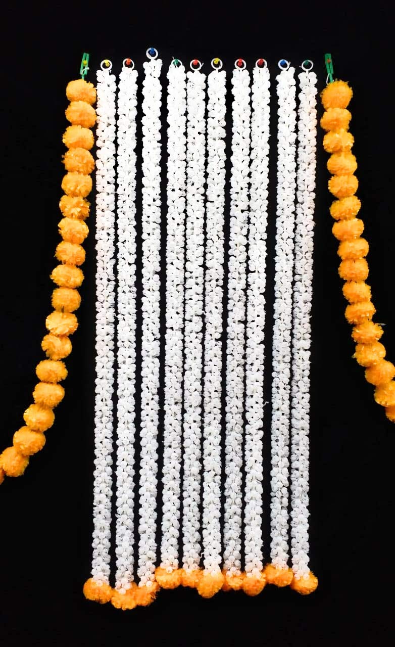 Estationeryhouse White/Orange Jasmine Garland With Marigold Flower At Bottom. 1 Meter, Pk Of 4