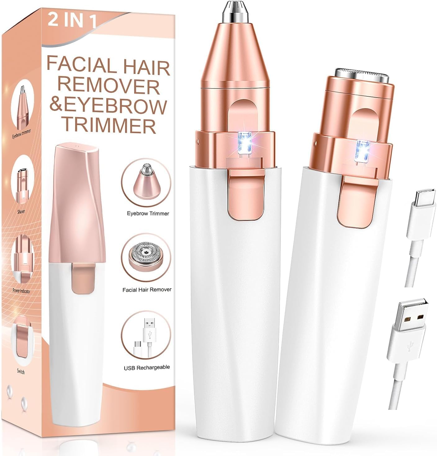 Facial Hair Remover for Women, 2 in 1 Electric Eyebrow Trimmer & Face Hair Remover with LED Light – Rechargeable Face Shavers for Women, Hair Removal Device for Eyebrows, Peach Fuzz, Upper Lips, Arms Facial Hair Remover for Women, 2 in 1 Electric Eyebrow Trimmer & Face Hair Remover with LED Light – Rechargeable Face Shavers for Women, Hair Removal Device for Eyebrows, Peach Fuzz, Upper Lips, Arms