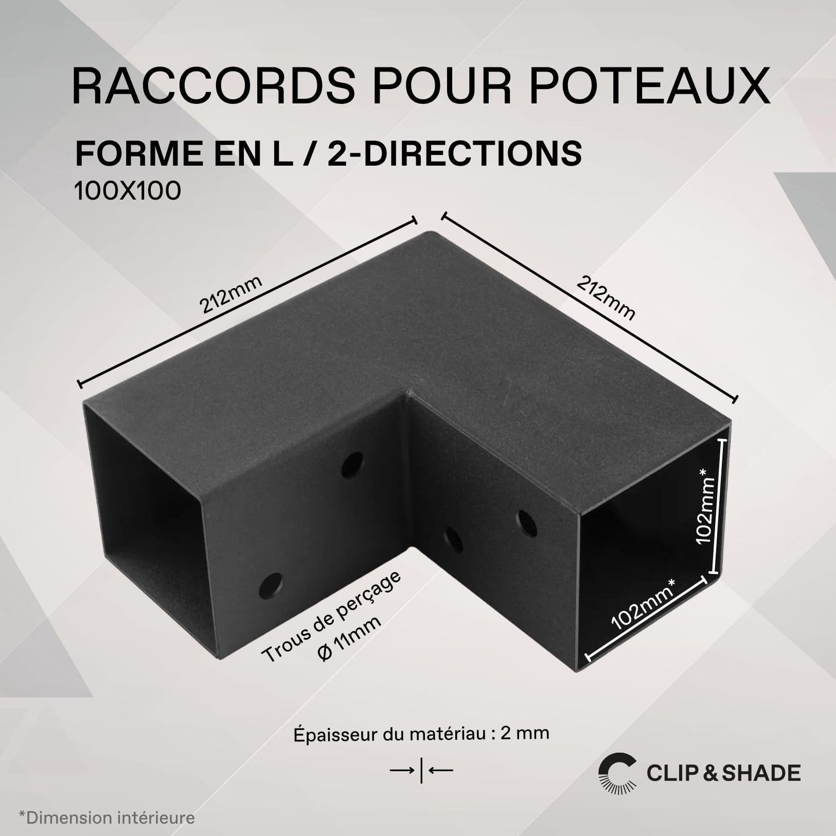 CLIP & SHADE - Juego de 4 soportes para postes de madera, 100 x 100 cm, conector de esquina en L de 2 vías para postes de madera, zapatos de vigas 10 x 10, galvanizado y recubierto de polvo, conector