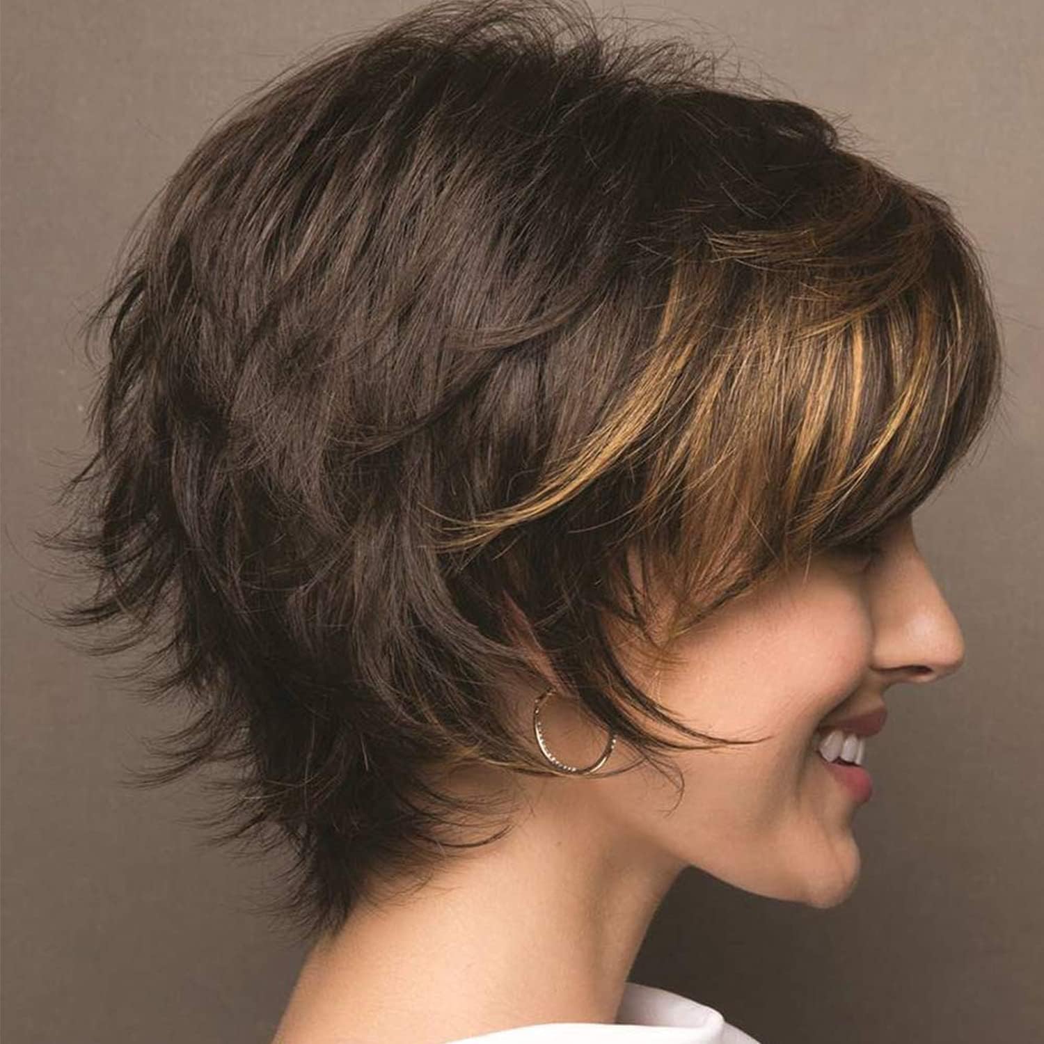 Short Wavy Pixie Cut Wigs Human Hair Mixed Synthetic, Dark Brown Blonde Highlights with Bangs, Breathable, Heat Resistant for Daily Life