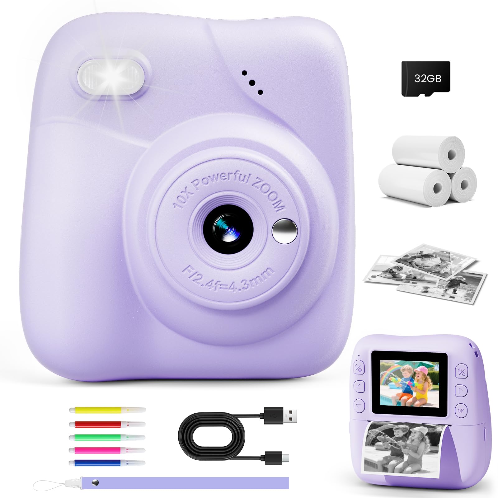 CAMCLID Macchina Fotografica Bambini Istantanea, 1080P HD Macchina Fotografica Istantanea 48MP con Scheda da 32 GB e 3 Rotoli di Carta da Stampa, Regalo per Ragazze Ragazzi da 3-12