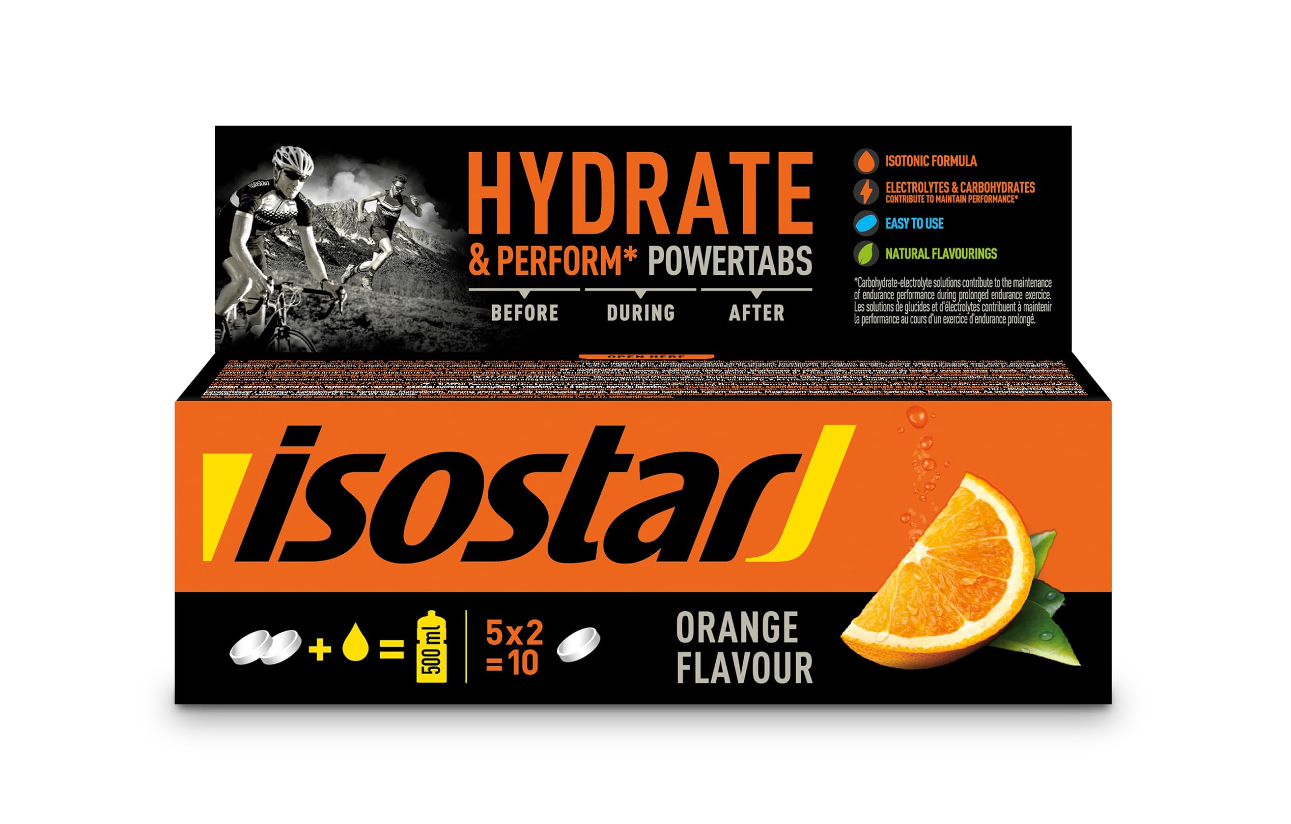 ISOSTAD Powertabs Gusto Arancia, Bevanda Isotonica in Compresse Effervescenti con Elettroliti e Carboidrati per Idratazione e Resistenza, 10 Tabs x 12 g