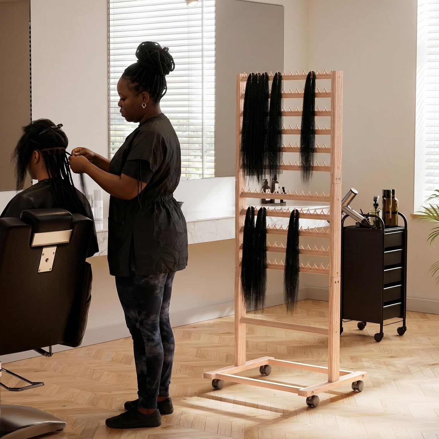 286 Pegs Wood Braiding Hair Rack for Braiders Standing with Wheels & Braid Accessories,2-Sided Hair Separator for Braiding, Extension Holder Hanger for Braiders,Hairstylists