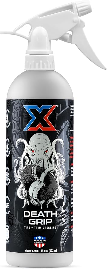 Chem-X Death Grip Tire + Trim Dressing 16oz - Spray On Tire Shine, Long-lasting Deep Shine, Water-based Formula; No-Sling, Rejuvenates Dull Tires + Trim