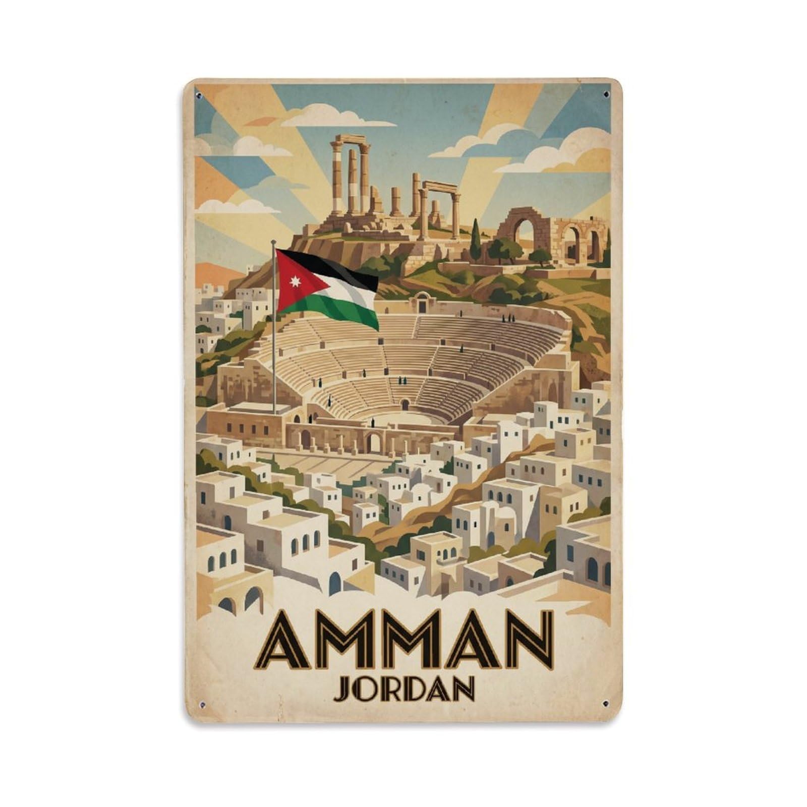 Vintage Travel Jordan Amman Metal Tin Sign Plaque Wall Decor for Cafe, Club Bar, Office, Garden Metal Poster 8x12Inch