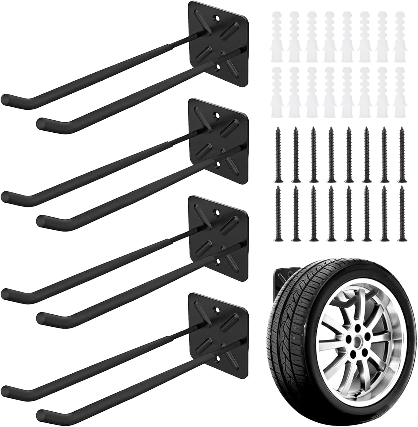 高耐久ガレージフック4個、12.25インチの壁掛けロングハンガー、滑り止めコーティング、椅子、電動工具、ガーデンツール、はしご、タイ