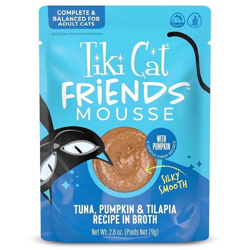 Ração úmida para gatos Tiki Cat Tuna, Pumpkin & Tilapia em mousse, Pacote com 12 sachês de 79 g