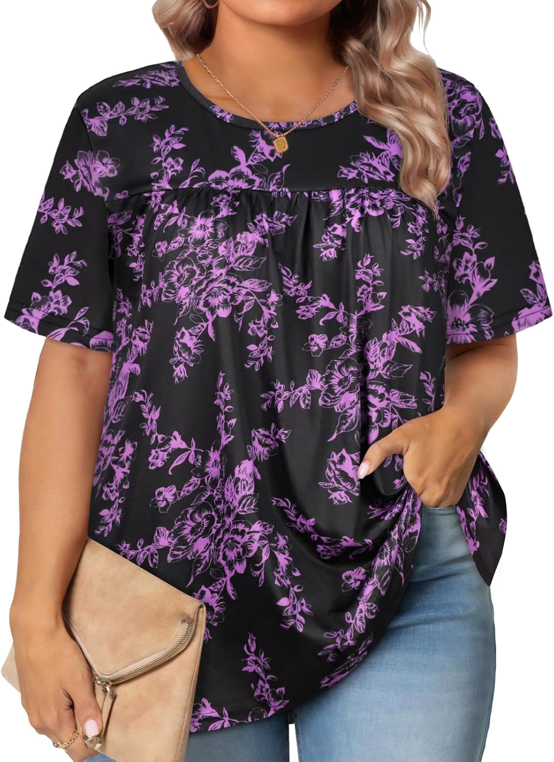 JOELLYUS Womens Plus Size Tops Short Sleeve Summer Tunic Casual Loose Fit Crewneck Shirts Blouse