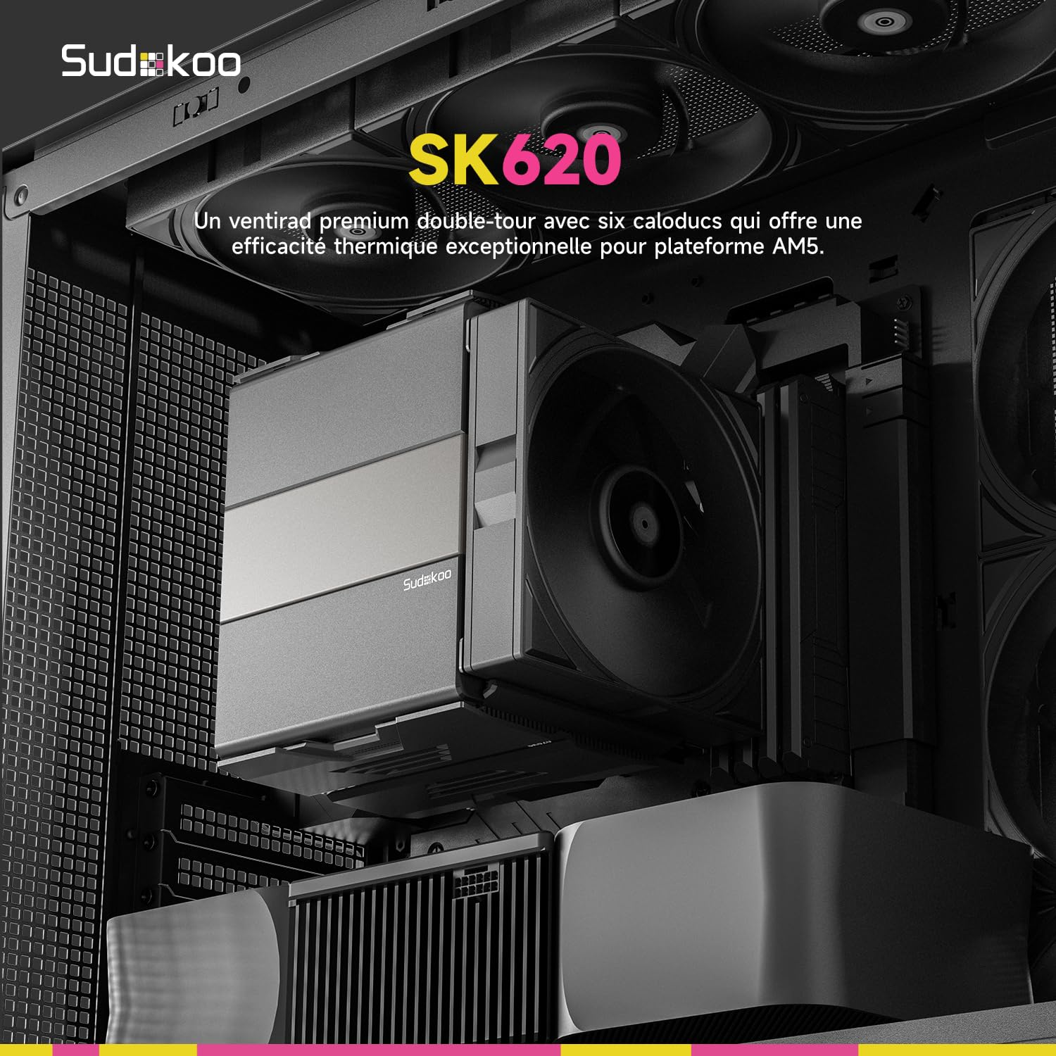 Sudokoo SK620 Ventirad AM5: Ventilateur Processeur PC - Refroidisseur CPU à Double Tour, CPU Cooler AM5 avec 2 x 120mm Ventilateurs PWM FDB, 6 Caloducs, Montage Coulissant Sans Outil, Noir