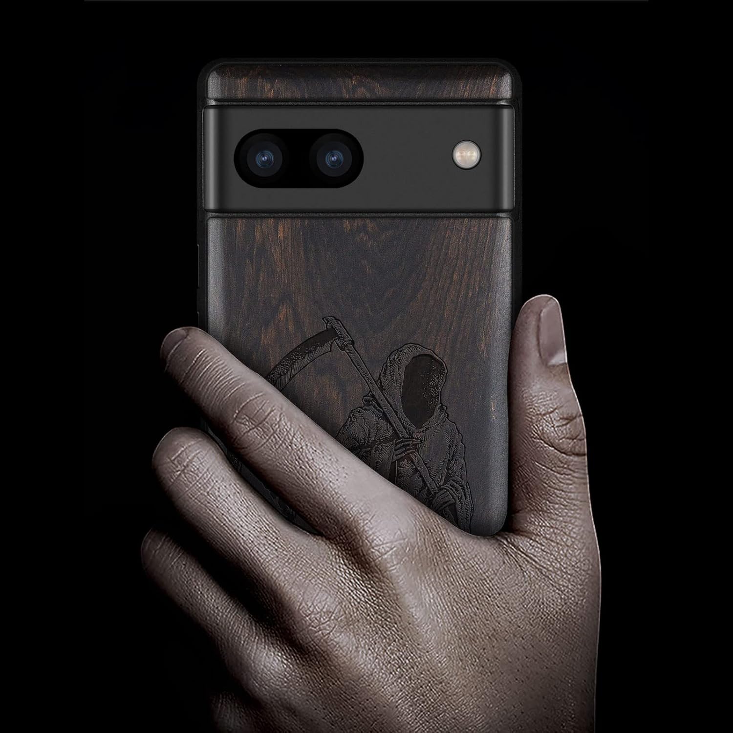 Carveit Wood Case for Pixel 7a Case [Natural Wood & Black Soft TPU] Shockproof Protective Unique & Classy Wooden Phone Cover Compatible with Google Pixel 7a (Grim Reaper-Blackwood)