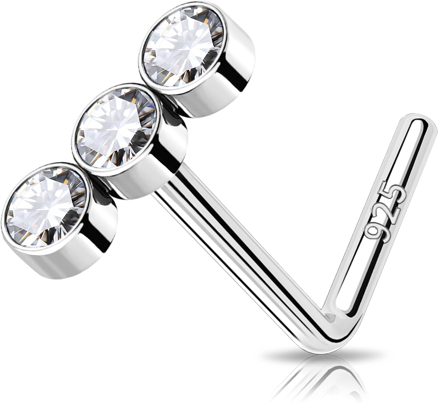 MeIighting 925 Sterling Silver Nose Stud L Shaped Nose Ring 20G Solid Silver Three Diamond Nose Piercing Jewelry Clear CZ for Women Men Nostril Piercing