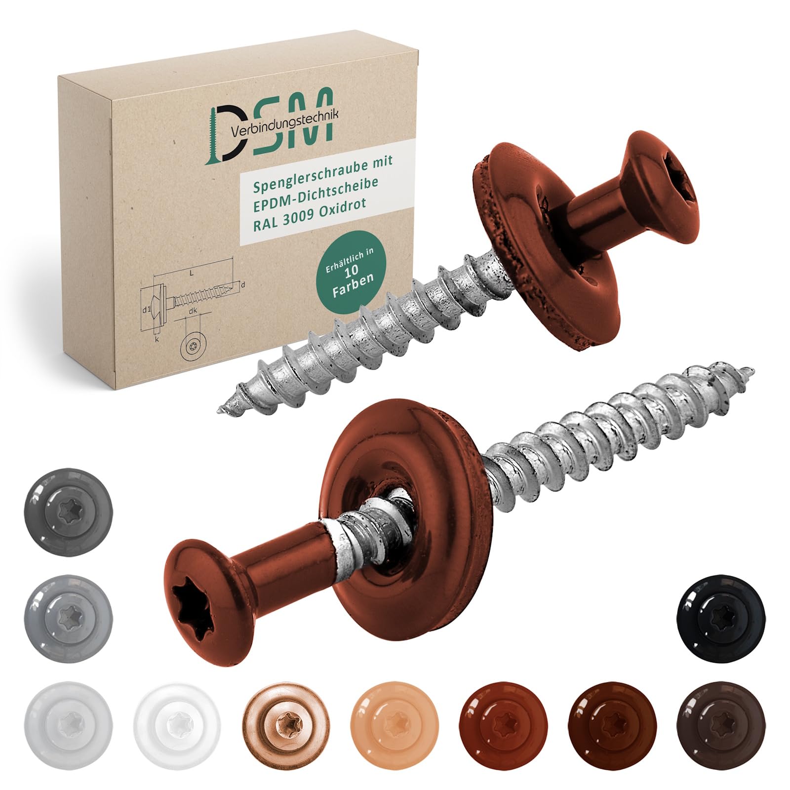 DSM Tornillos de fontanería rojo óxido 4,5 x 45 mm, acero inoxidable A2, lacado RAL 3009, con arandela de sellado EPDM (15 mm), accionamiento TX, similar a DIN 7995/DIN 9171, 100 unidades