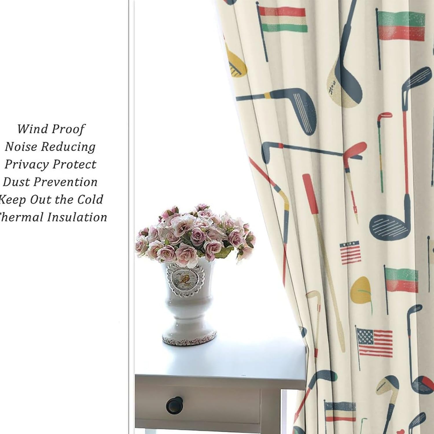 American Flag Blackout Curtains for Bedroom, Vintage Golf Club Ball Pattern Grommet Curtains Thermal Insulated Window Drapes for Living Room, 21W x 45L, 2 Panels