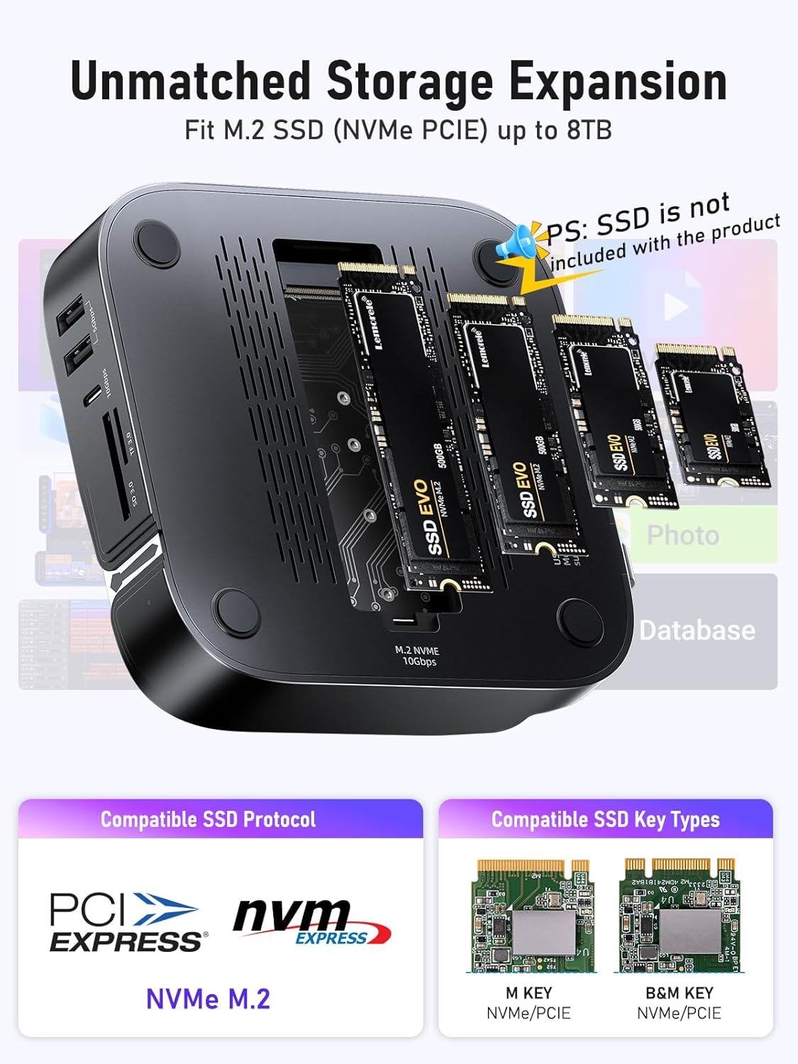Lemorele 9-in-1 Mac mini M4 Dock, Dual 4K@60Hz HDMI 2.0 & DP 1.4, 10Gbps M.2 NVMe Slot, 10Gbps USB-C & USB-A, 2X USB-A 3.0, SD/TF 2.0 Card Reader, Compatible with Mac mini M4/M4 Pro