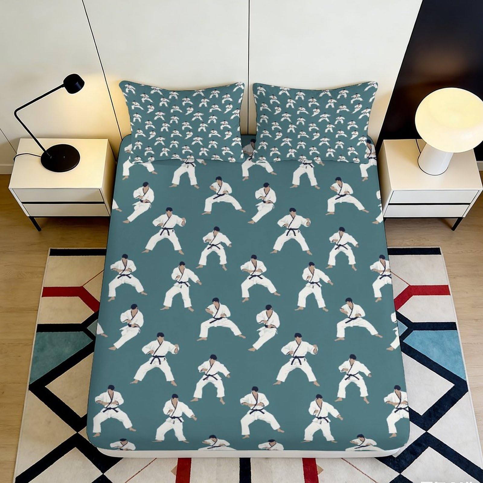 3D Printed Karate Martial Arts Fitted Sheet Microfiber Soft Blue Bed Cover for Bedroom Dorm Mattress Decor 120x200cm 160x200x25cm