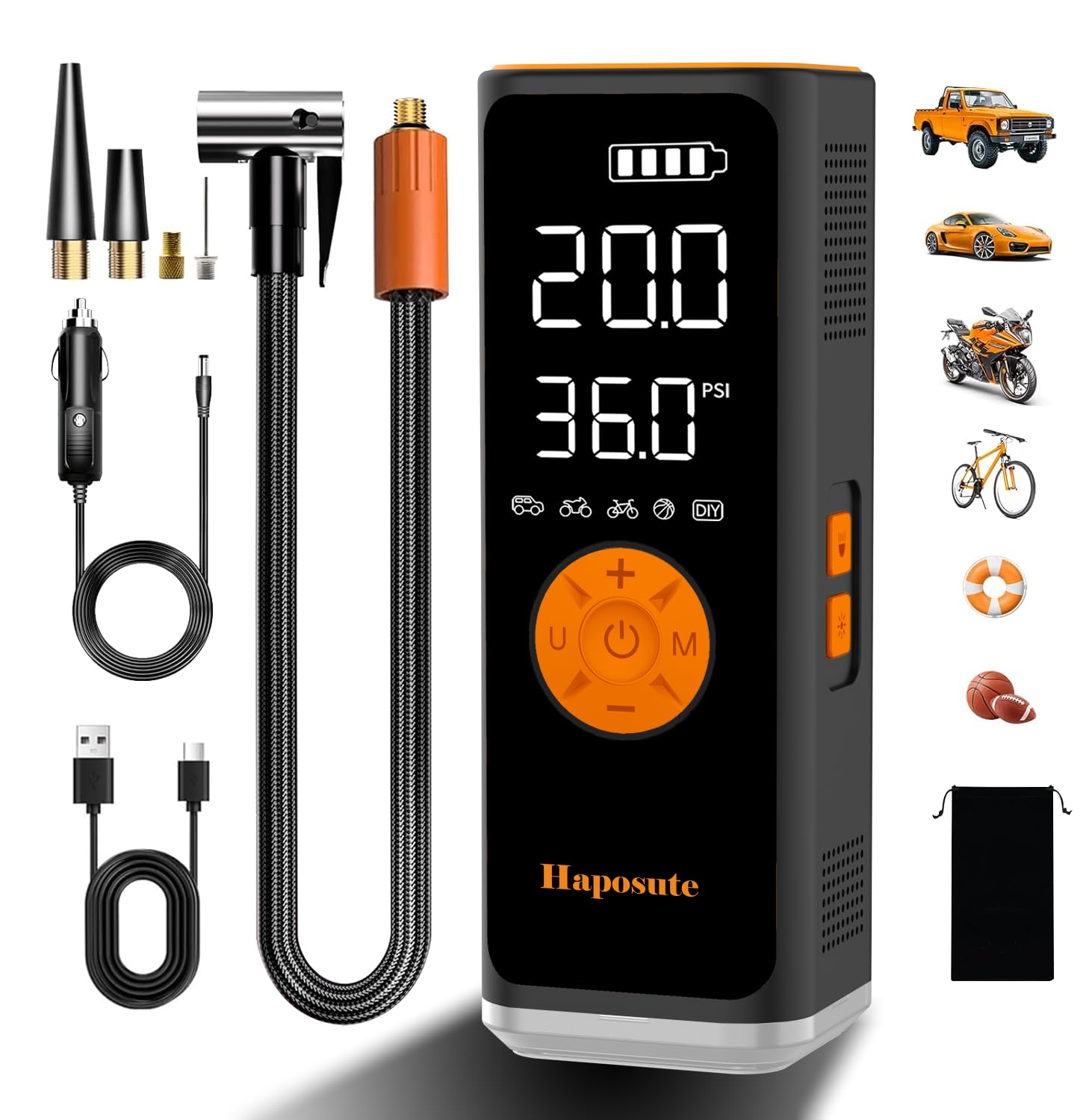 Haposute Tyre Inflator Portable Air Compressor 12V DC, 150PSI Corded/Cordless 6000mAh Long-Lasting Battery Electric Air Pump with Digital Display & Dual LED Light for Car, Motorcycle, Bike, Ball & DIY