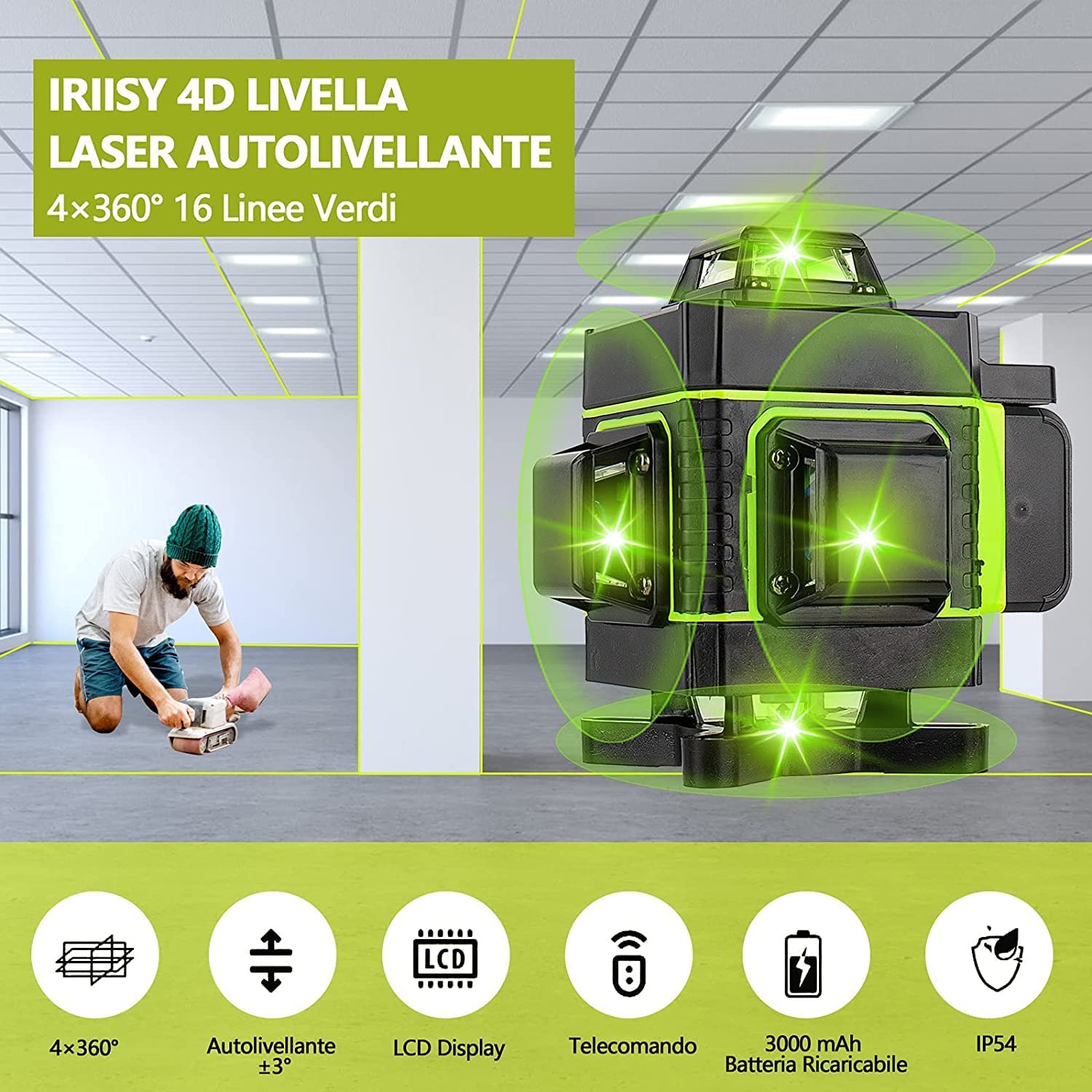 Livella Laser Verde 4D 16 Linee - Autolivellante, 360°, Telecomando, Base Magnetica, Per Interni Ed Esterni - Foto 5