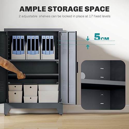 Miniatura 4 de HOMCOM Gabinete de almacenamiento industrial, gabinete de garaje de acero con puertas dobles y estantes ajustables, gris