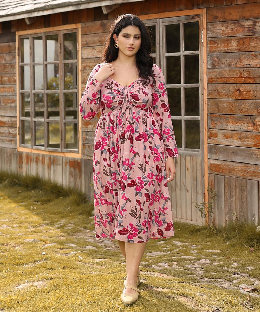 CARCOS Plus Size Dresses for Curvy Women Tie Sweetheart Neck Fall Maxi Dress Long Sleeve Empire Waist Floral Boho Dress - Image 3