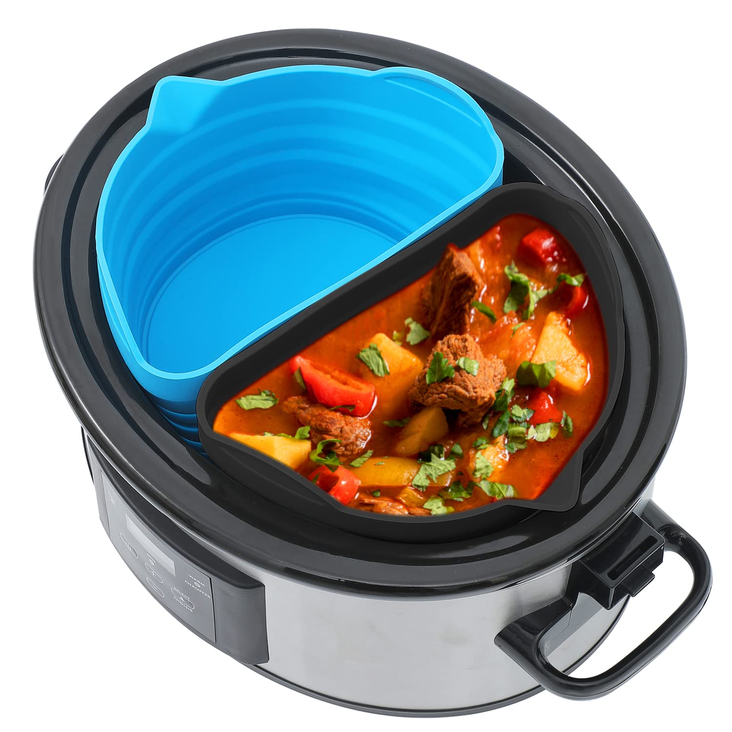 Slow Cooker Liners Fit Crock-pot 6 Quart Oval Slow Cooker, Reusable Slow Cooking Divider Liner, Silicone Insert for 6QT Pot, Dishwasher Safe(Blue+Black)
